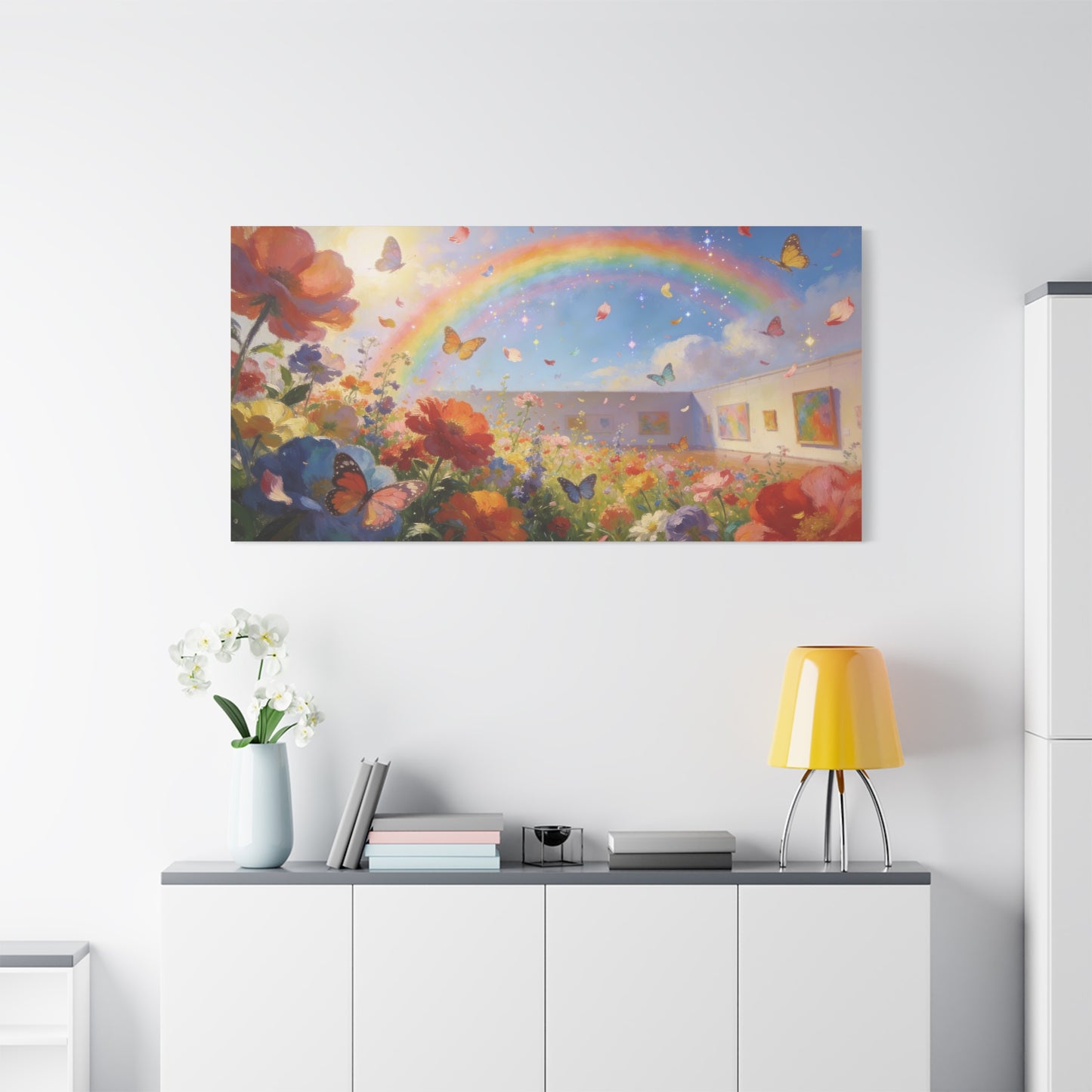 Rainbow Wildflower Butterfly Canvas Wall Art - Dreamy Floral Garden Painting, Matte Finish Canvas Print - Contemporary Style, Living Room Wall Decor, Bedroom Home Decoration - Bedroom Home Decoration
