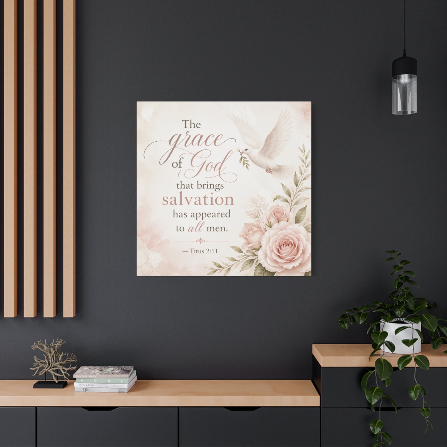 "The Grace Of God That Brings Salvation Has Appeared To All Men" Canvas Wall Art - Dove, Roses, Titus 2:11 Scripture Print - Blush Floral Christian Decor - Bedroom Living Room Accent - Office Wall Art