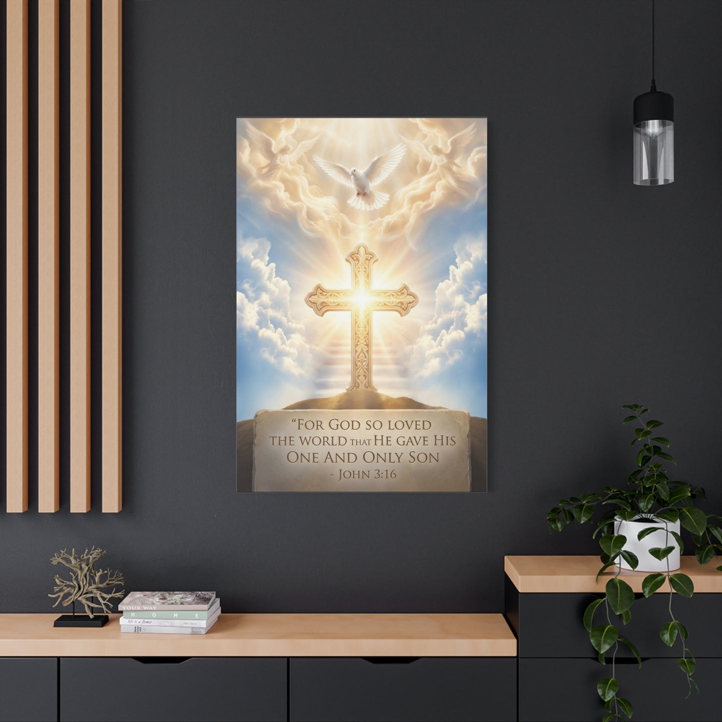 "For God So Loved The World That He Gave His One And Only Son" Christian Canvas Wall Art - Glowing Cross, Dove And Angels - Traditional Religious Wall Decor - Bedroom Living Room - Ready to Hang