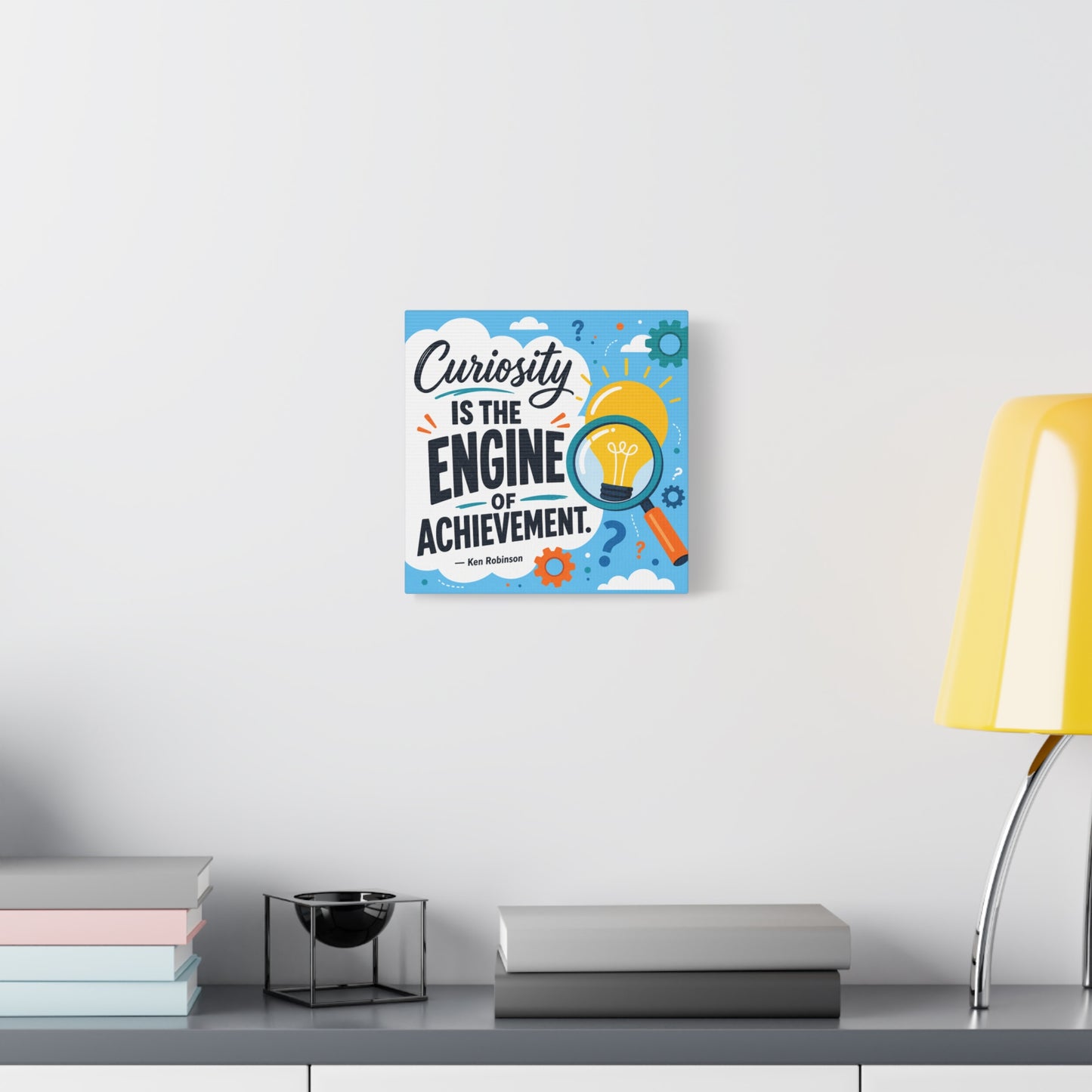 "Curiosity Is The Engine Of Achievement." Quote Canvas Wall Art - Classroom Inspirational Decor, Light Bulb Learning Poster, Teacher Office Wall Hanging, Kids Study Room Decoration - Ready to Hang