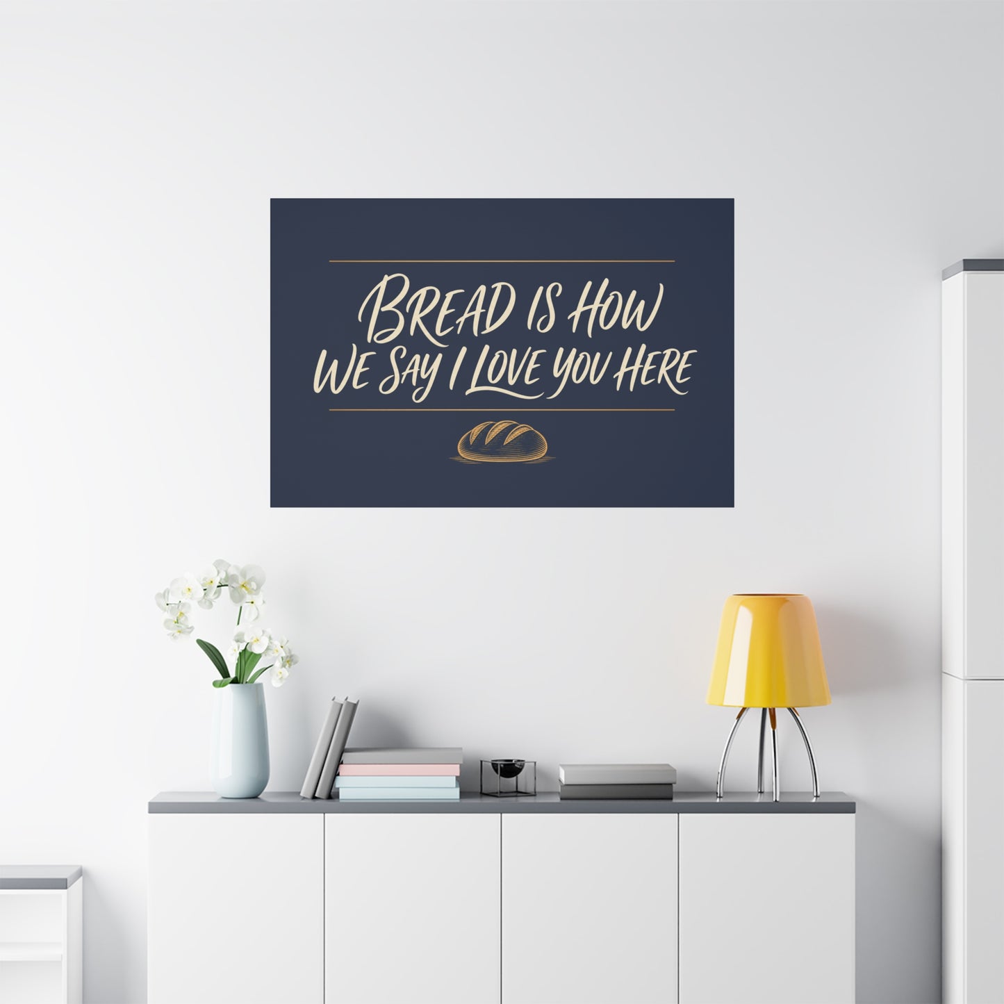 "Bread Is How We Say I Love You Here" Canvas Wall Art - Bread Quote Decor, Navy And Gold Typography Print, Farmhouse Decoration, Bakery Wall Hanging Accent - Modern Farmhouse Style - Diner Decor