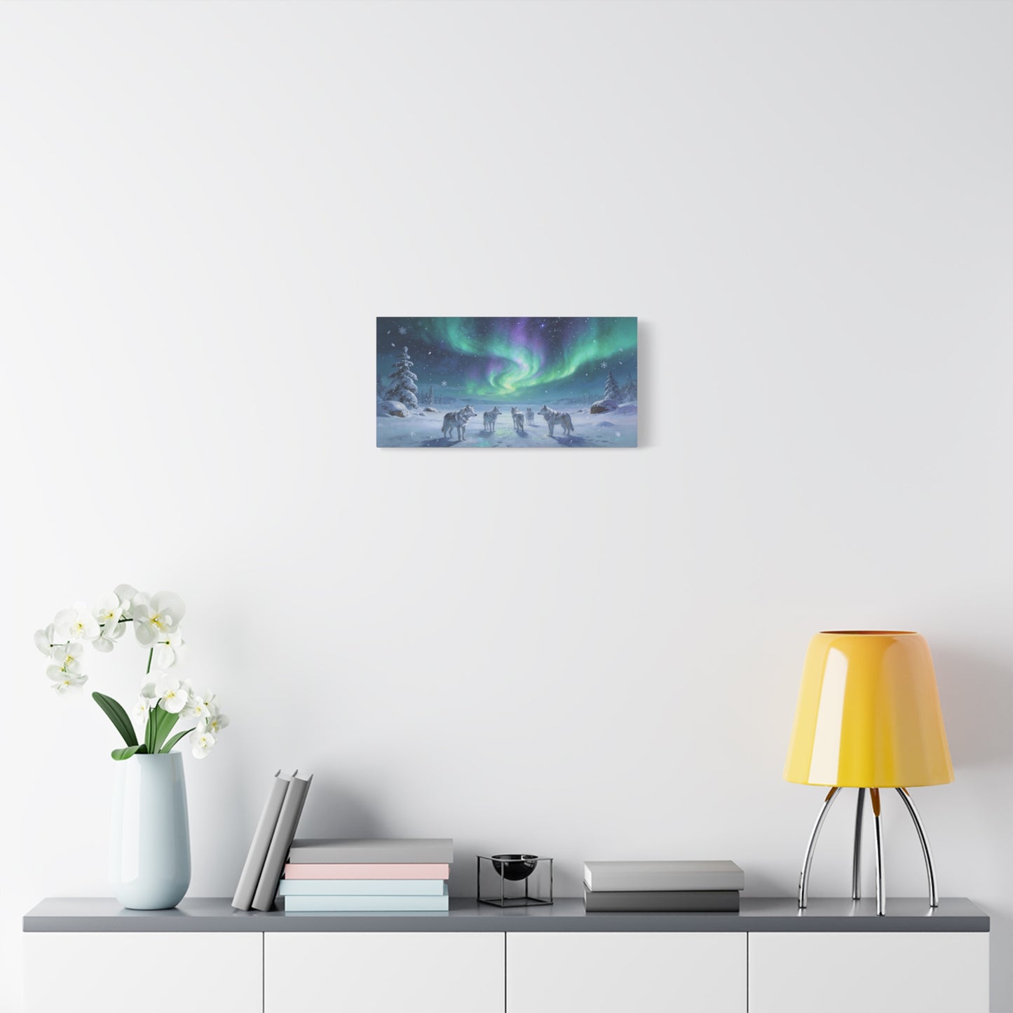 Arctic Wolf Pack Canvas Wall Art - Aurora Borealis Snowy Winter Landscape, Northern Lights Canvas Print, Blue Green Purple Sky, Living Room Wall Decor, Bedroom Home Decoration - Modern Farmhouse Style