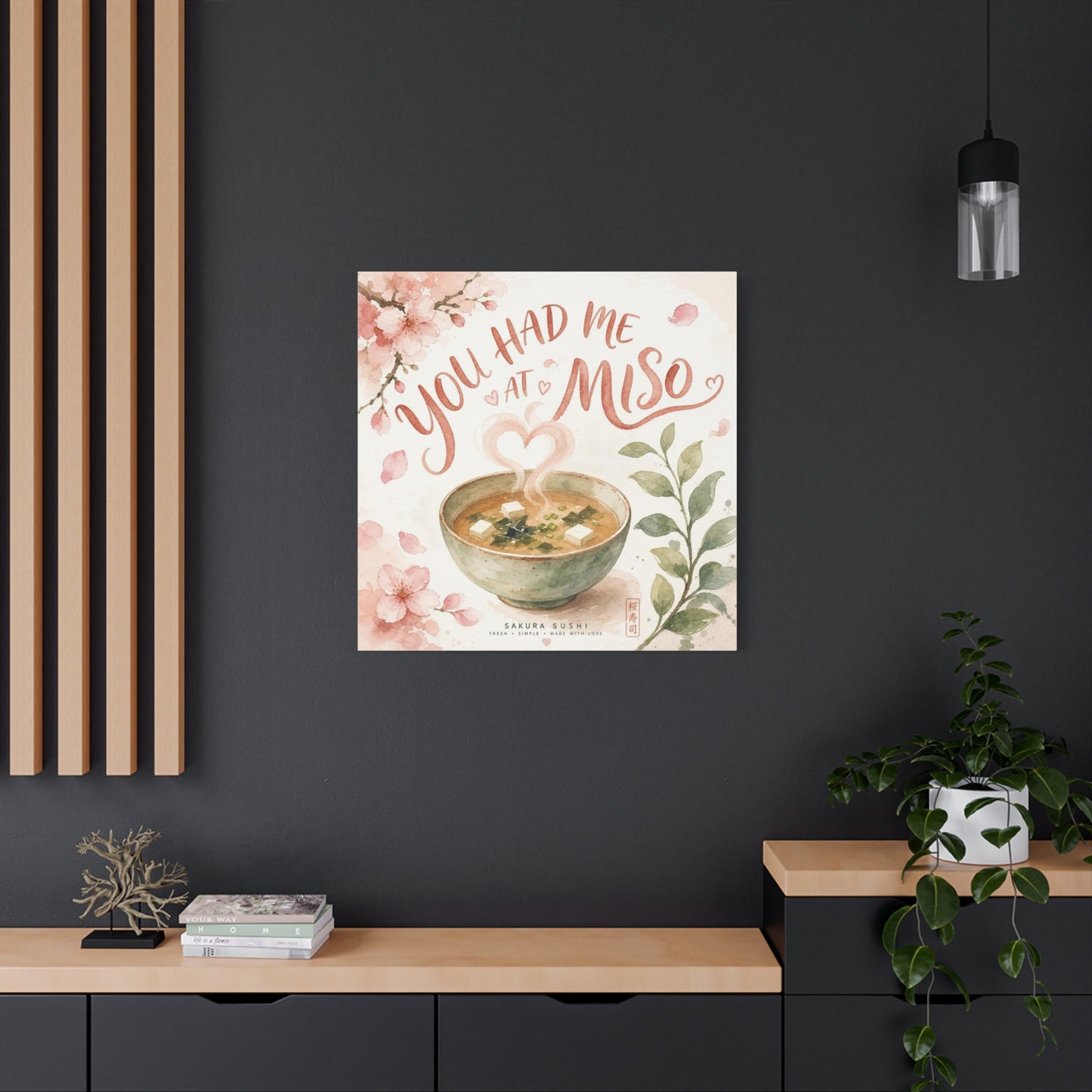 "You Had Me At Miso" Canvas Wall Art - Watercolor Soup Bowl, Cherry Blossom Typography - Japanese Food Illustration, Pink Botanical Style - Kitchen Wall Decor, Dining Room Accent - Ready to Hang