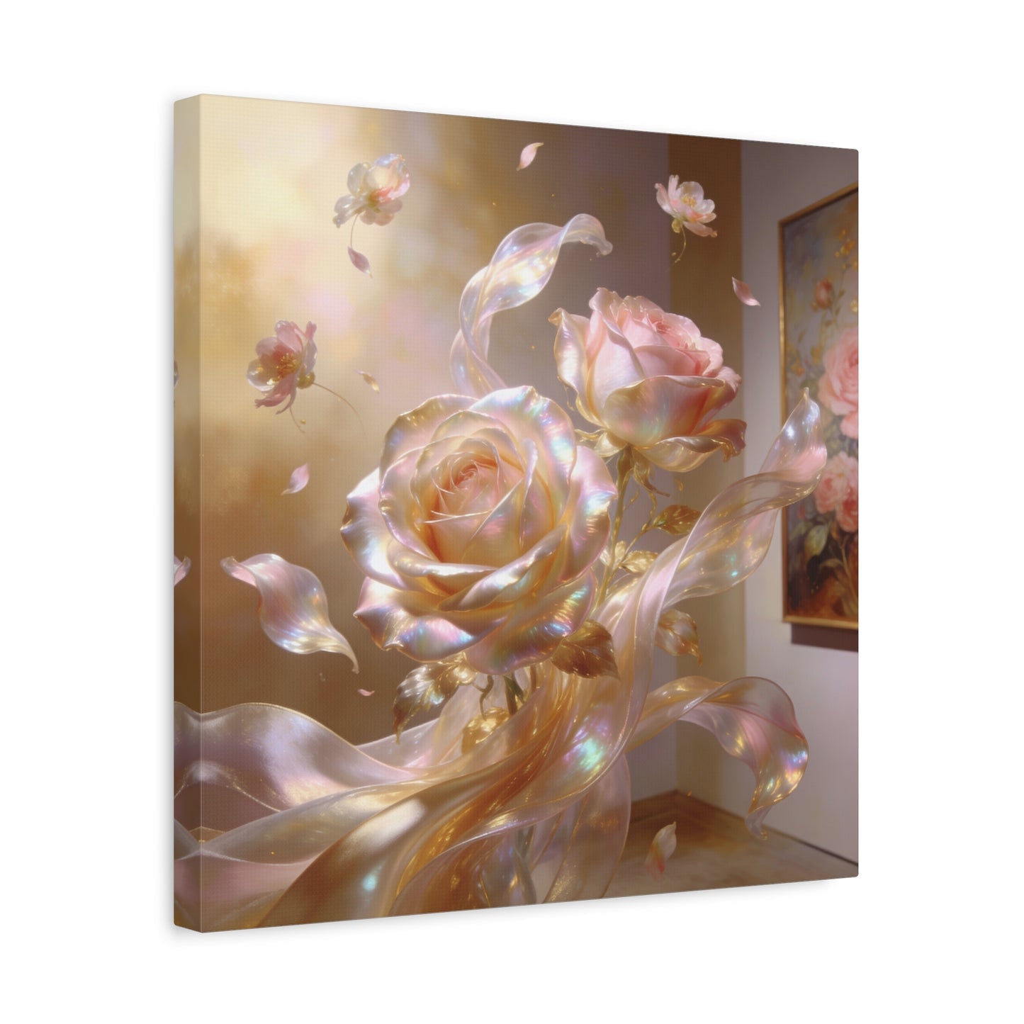 Iridescent Pink Rose Canvas Wall Art - Pearlescent Floral Wall Decor, Dreamy Botanical Home Decoration - Luminous Matte Canvas Print - Romantic Contemporary Style, Bedroom Accent - Ready to Hang