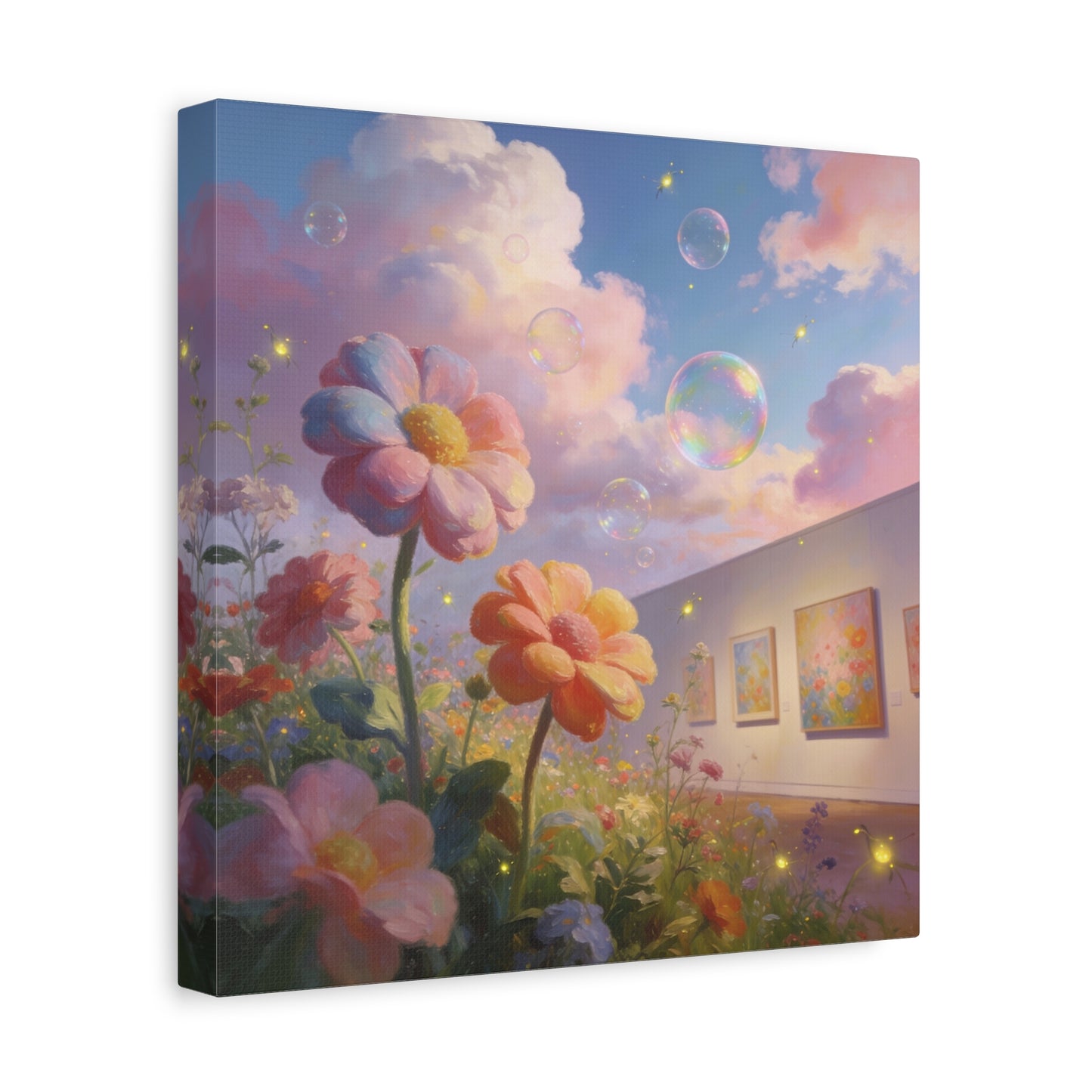 Dreamy Floral Canvas Wall Art - Pastel Wildflower Sky With Iridescent Bubbles, Firefly Glow - Whimsical Matte Canvas Print - Contemporary Bedroom Wall Decor, Living Room Accent - Cozy Reading Nook Art