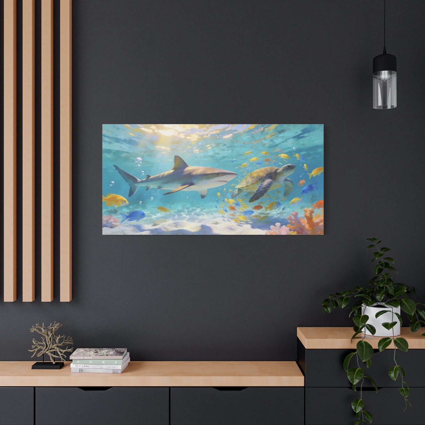 Shark Sea Turtle Canvas Wall Art - Tropical Underwater Ocean Scene, Colorful Fish Coral Reef - Matte Coastal Style - Living Room Wall Decor, Bedroom Home Decoration - Bedroom Home Decoration