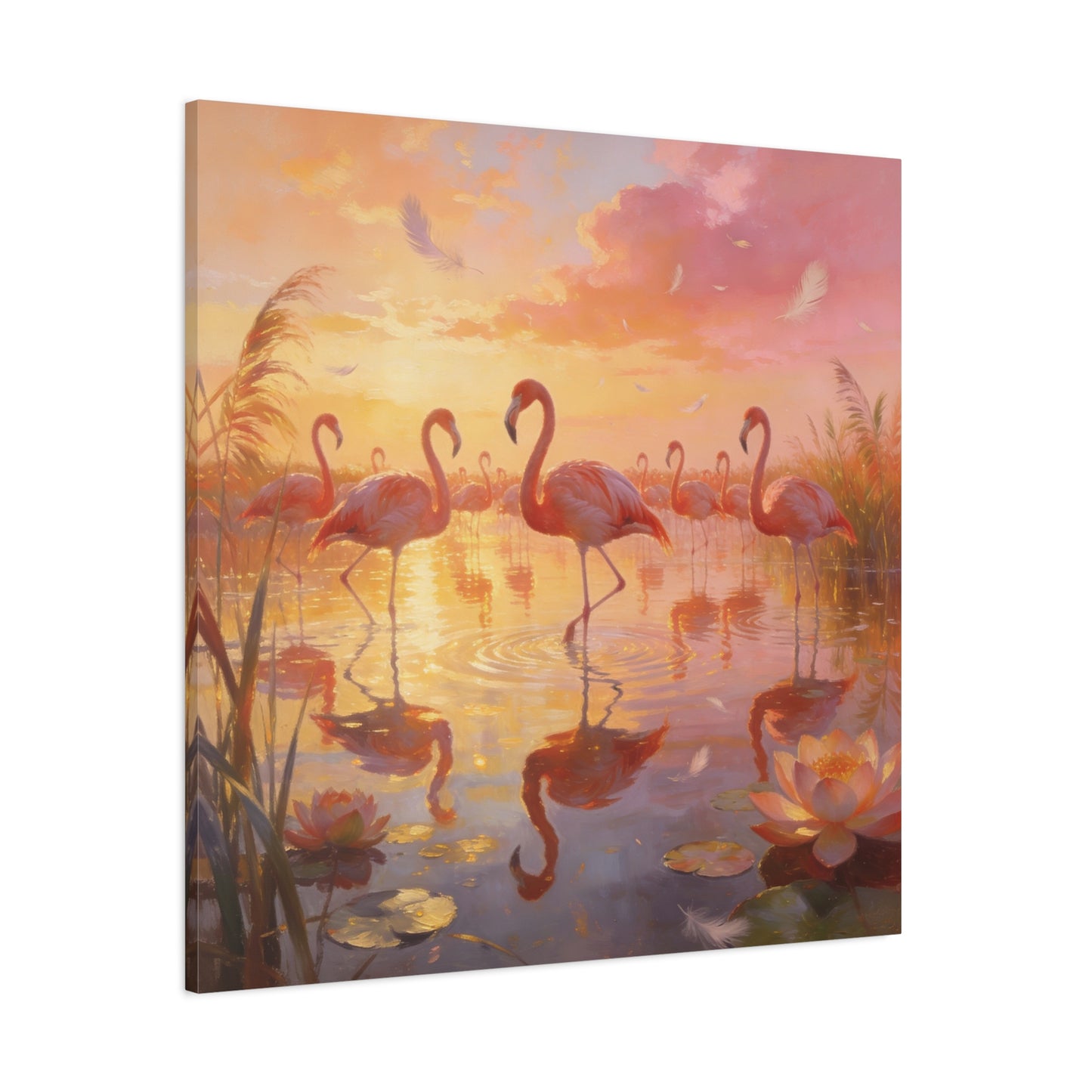 Pink Flamingo Canvas Wall Art - Sunset Wetland Birds, Lotus Pond Reflections - Dreamy Tropical Illustration, Matte Canvas Print - Living Room Wall Decor, Bedroom Home Decoration - Ready to Hang