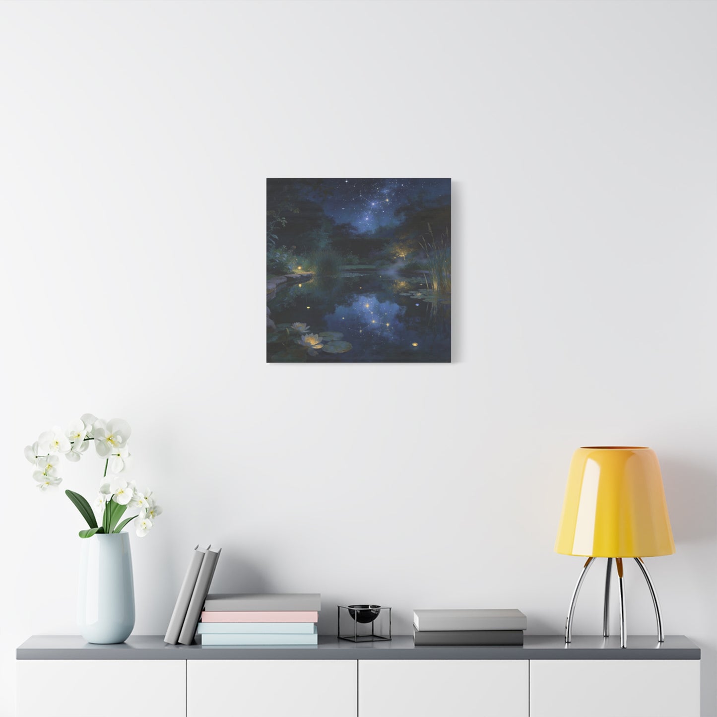 Starry Night Pond Canvas Wall Art - Moonlit Water Lilies, Celestial Reflection Landscape - Dreamy Matte Canvas Print - Traditional Nightscape Style - Living Room Wall Decor Bedroom Home Accent