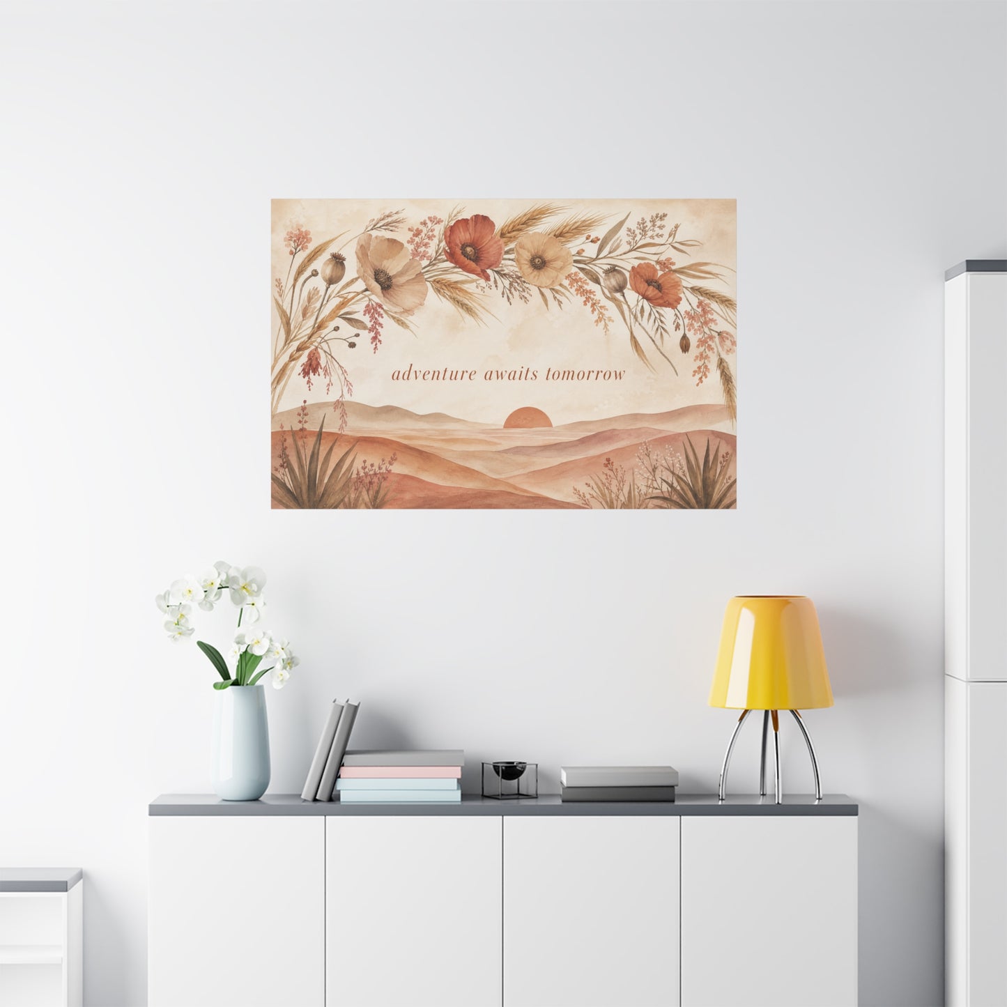 "Adventure Awaits Tomorrow" Poppy Flower Canvas Wall Art - Boho Botanical Desert Sunset Quote Print - Warm Neutral Watercolor Landscape - Bedroom Wall Decor, Living Room Home Accent - Ready to Hang