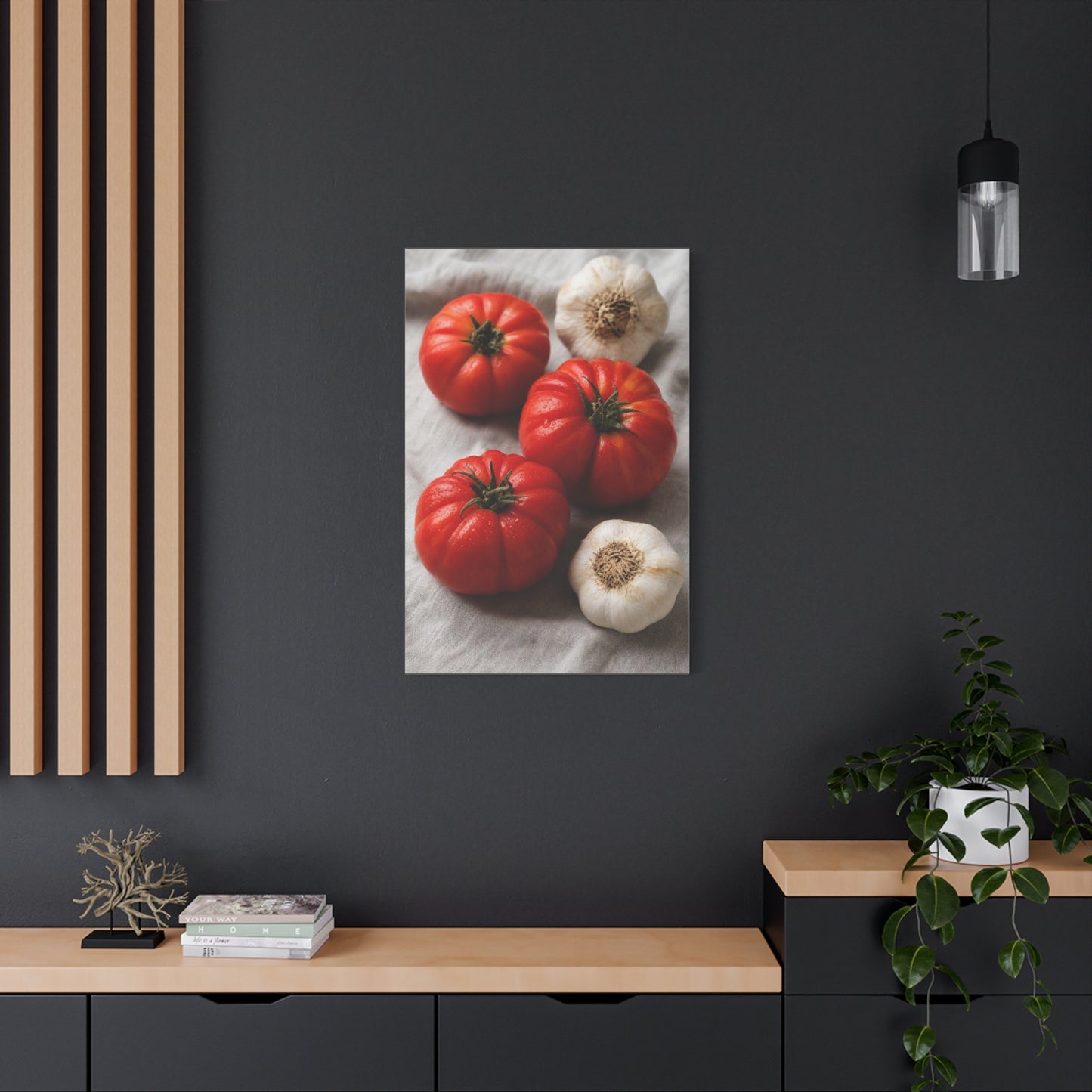 Heirloom Tomato Still Life Canvas Wall Art - Garlic Kitchen Food Art Print - Rustic Matte Canvas Decor - Farmhouse Dining Room Accent, Contemporary Culinary Wall Decor - Modern Farmhouse Style