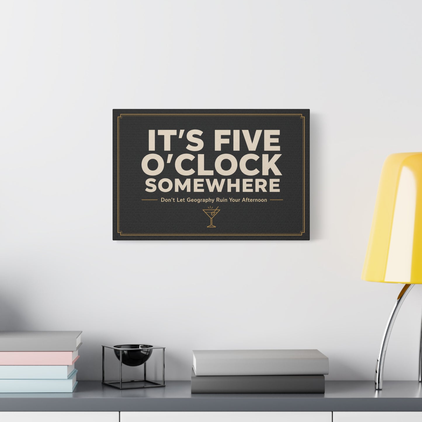 "It's Five O'Clock Somewhere" Typography Canvas Wall Art - Funny Cocktail Quote Decor, Black And Gold Minimalist Bar Cart Lounge Accent - Ready to Hang - Pub Wall Art - Cocktail Lounge Decor