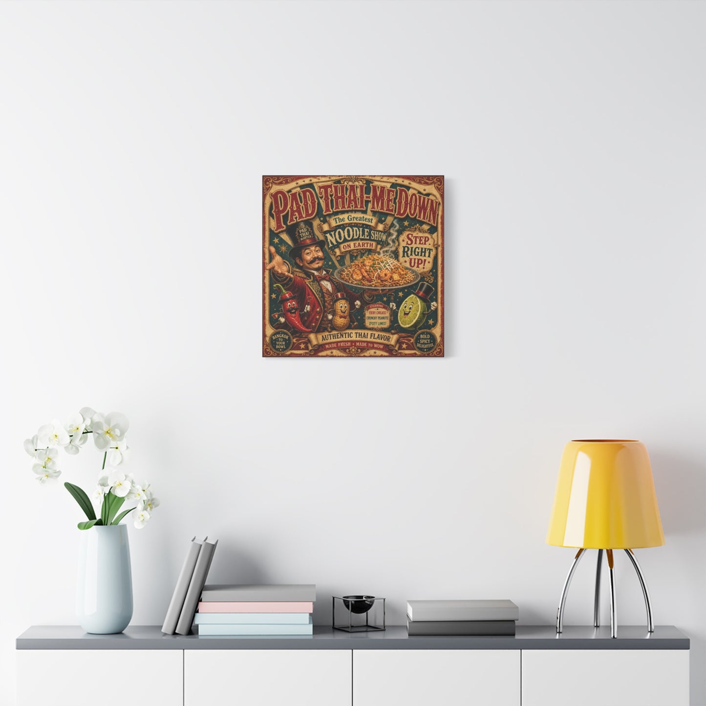"Pad Thai-Me Down" Canvas Wall Art - Vintage Circus Noodle Poster, Typography Illustration, Whimsical Restaurant Decor, Cafe Wall Decor, Retro Kitchen Accent, Matte Canvas Print - Ready to Hang