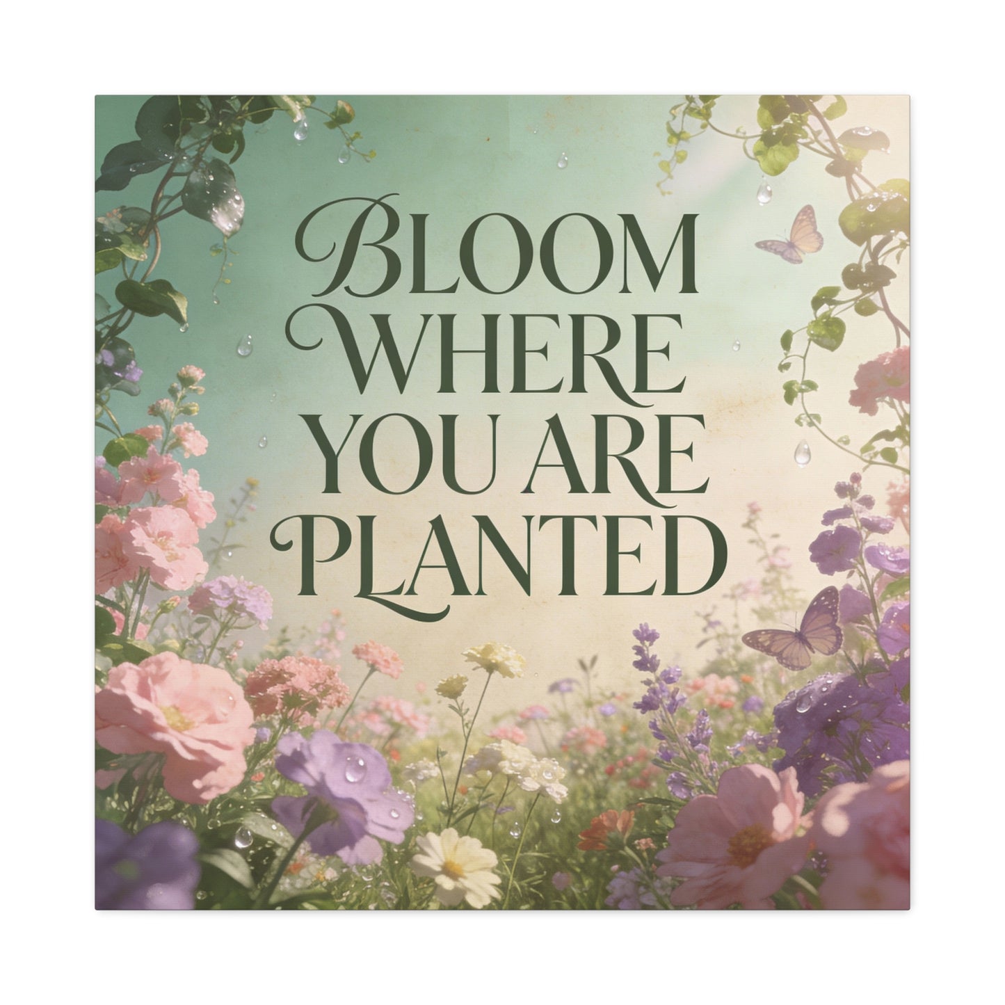 "Bloom Where You Are Planted" Inspirational Canvas Wall Art - Floral Butterfly Quote Print, Pastel Garden Typography Decor, Modern Farmhouse Style, Bedroom Home Decoration - Living Room Wall Decor