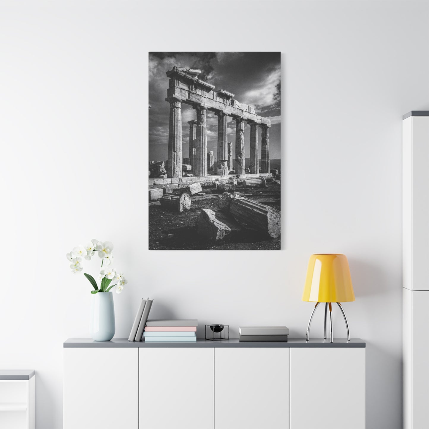 Ancient Greek Temple Ruins Canvas Wall Art - Black And White Architectural Art Print, Dramatic Sky, Vintage Classical Style - Living Room Wall Decor, Office Art Accent - Modern Farmhouse Style