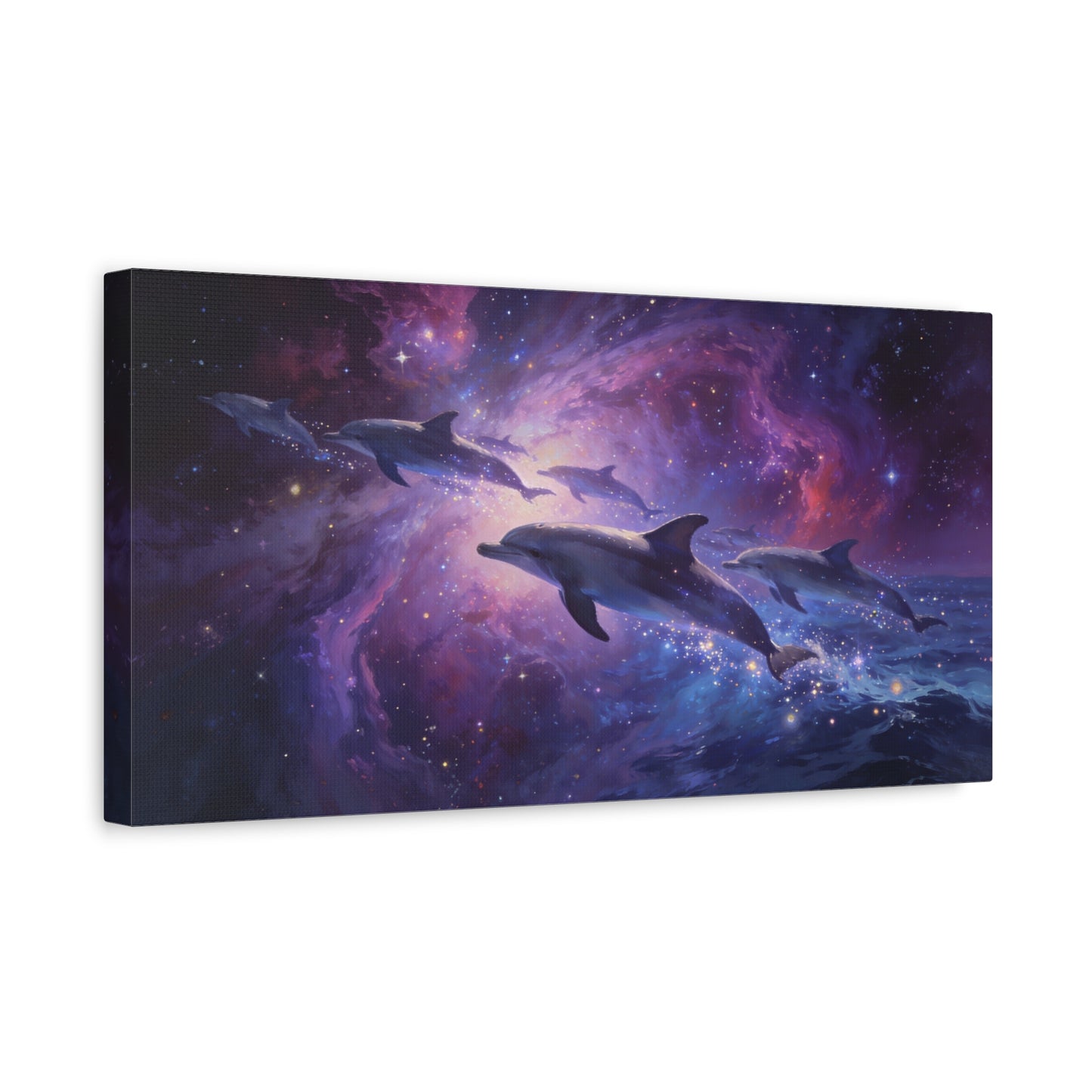 Cosmic Dolphin Canvas Wall Art - Celestial Ocean Galaxy Painting, Zebra Print Wallpaper Inspired Purple Blue Space Scene - Matte Canvas Print - Bedroom Living Room Decor - Living Room Wall Decor