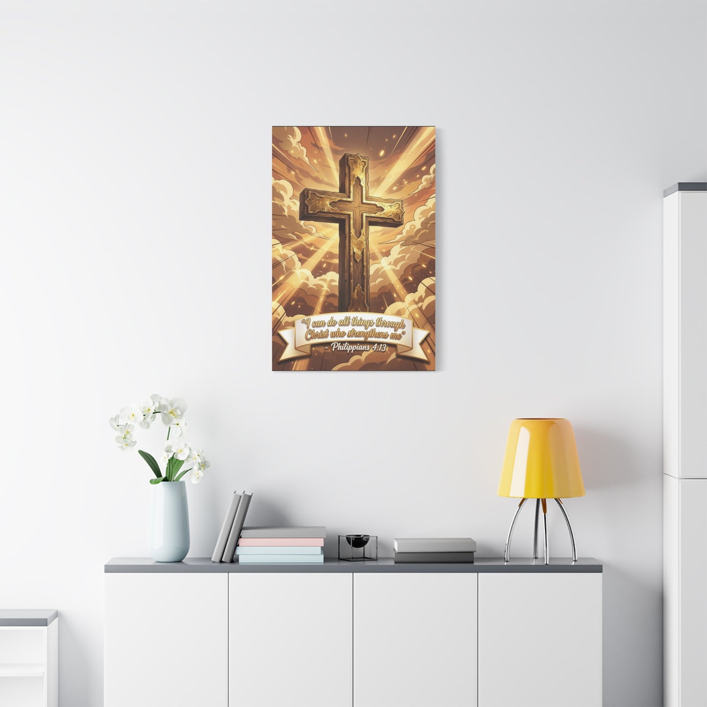 "I Can Do All Things Through Christ Who Strengthens Me" Cross Canvas Wall Art - Philippians 4:13 Scripture Decor, Golden Sky Christian Home Accent, Traditional Bedroom Living Room Decoration