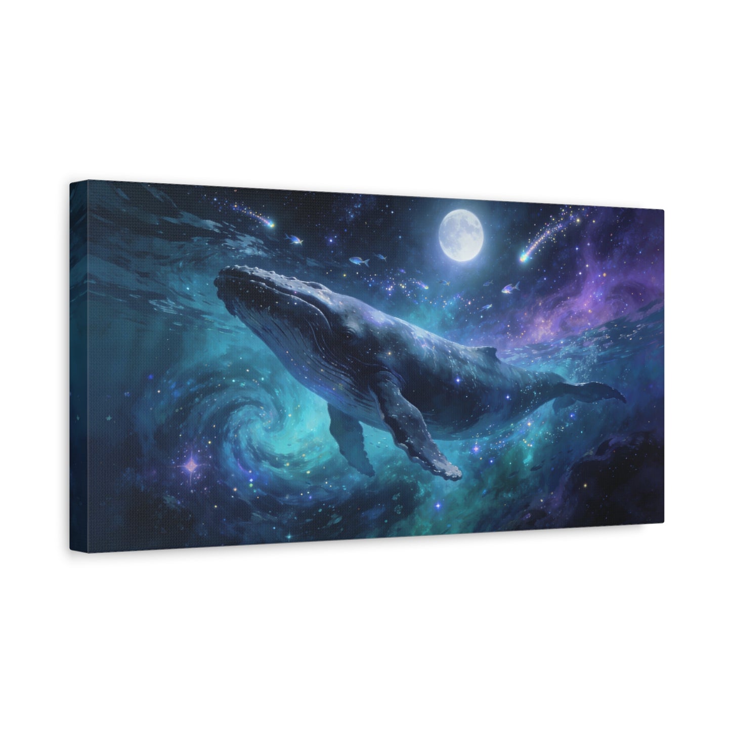 Humpback Whale Canvas Wall Art - Celestial Ocean Galaxy Painting, Moonlit Space Seascape Print - Matte Cotton Canvas - Contemporary Fantasy Style - Living Room Wall Decor - Bedroom Home Decoration