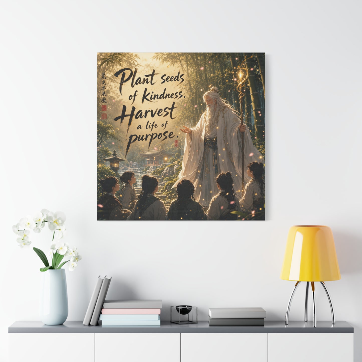"Plant Seeds Of Kindness. Harvest A Life Of Purpose." Zen Canvas Wall Art - Wise Elder In Bamboo Garden, Inspirational Typography Print - Traditional Style, Bedroom Meditation Decor - Office Wall Art