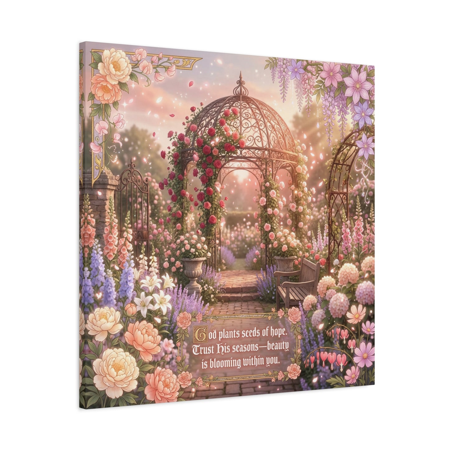 "God Plants Seeds Of Hope" Floral Garden Canvas Wall Art - Romantic Rose Gazebo Scripture Quote Print - Matte Botanical Cottagecore Decor - Bedroom Living Room Home Decoration - Living Room Wall Decor