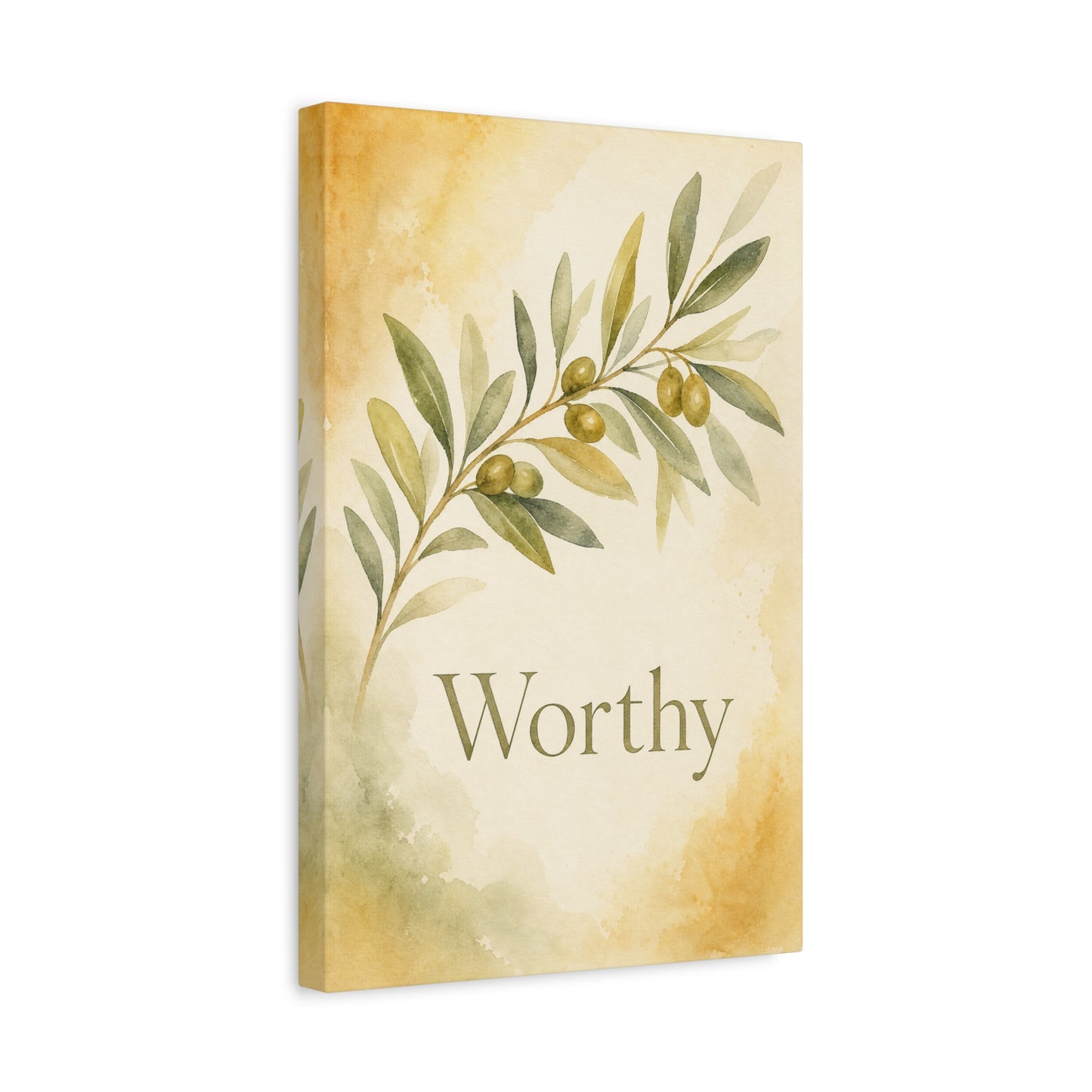 "Worthy" Olive Branch Canvas Wall Art - Botanical Inspirational Wall Decor - Watercolor Sage Gold Canvas Print - Bedroom Living Room Decoration - Ready to Hang - Bedroom Home Decoration