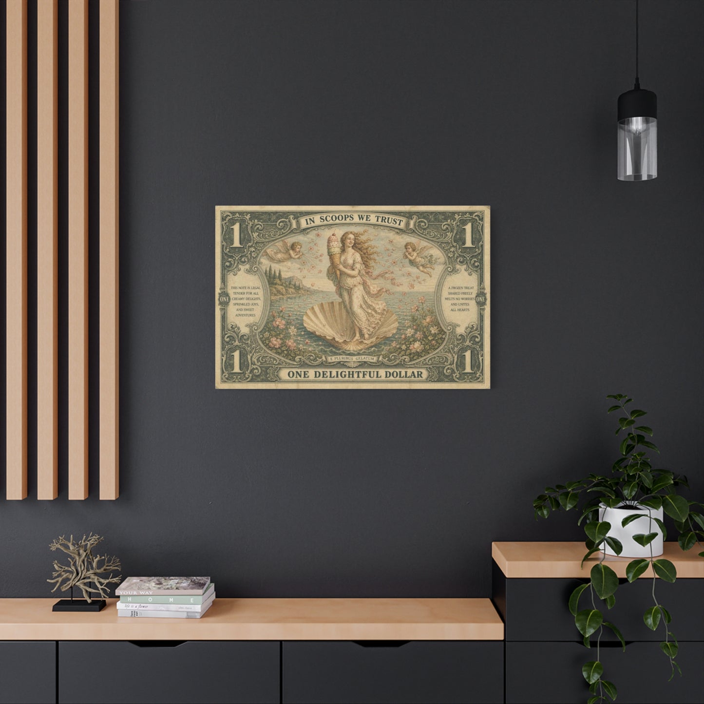 "In Scoops We Trust" Ice Cream Venus Canvas Wall Art - Vintage Parody Currency Print, Mythological Seaside Illustration, Whimsical Retro Decor, Living Room Bedroom Office Accent - Office Wall Art