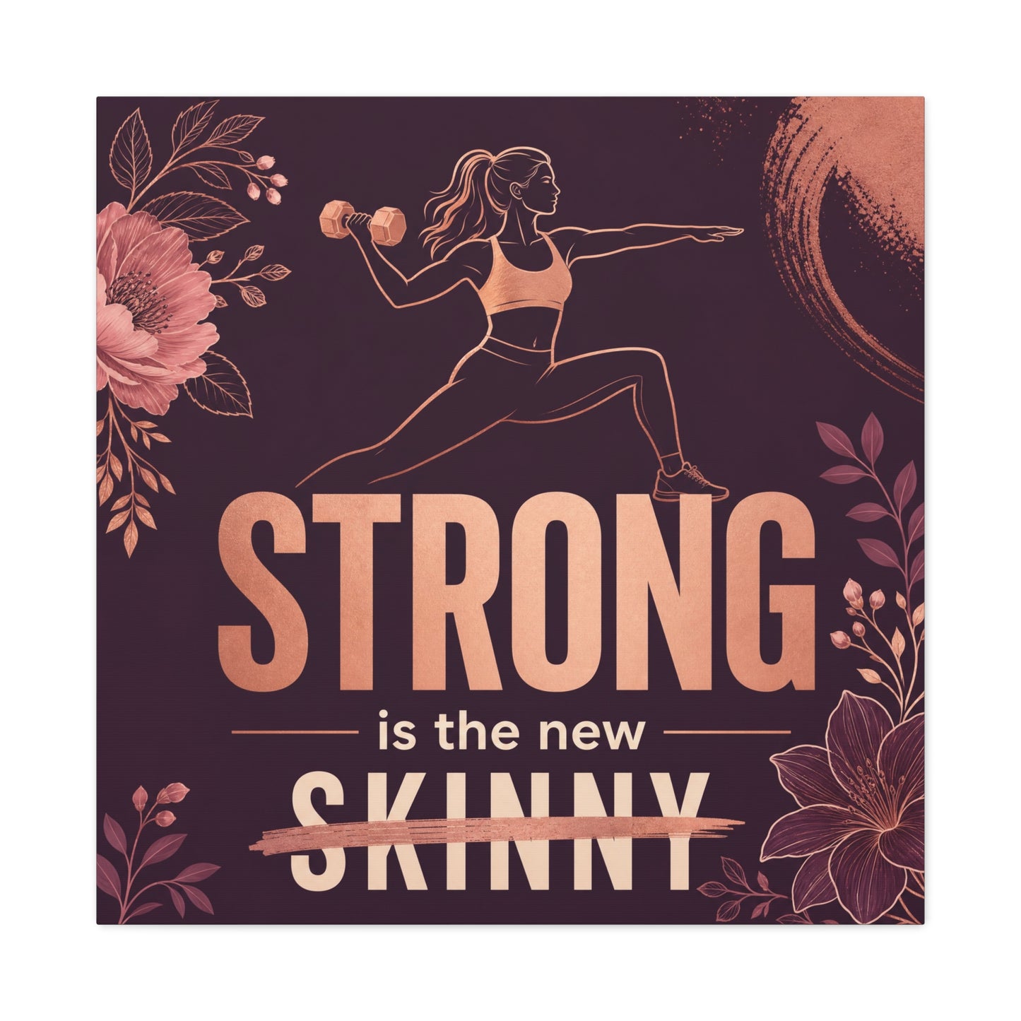 "Strong Is The New Skinny" Fitness Canvas Wall Art - Woman With Dumbbell Floral Quote Print - Rose Gold Motivational Decor - Modern Bedroom Wall Decor - Bedroom Home Decoration - Cozy Reading Nook Art