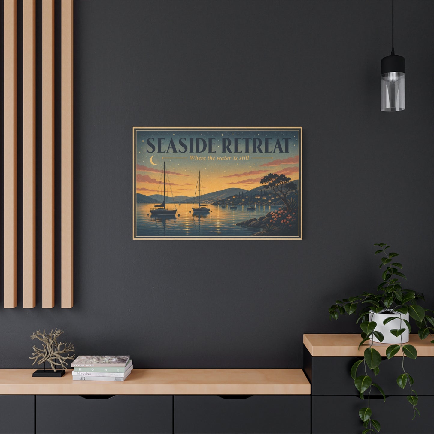 "Seaside Retreat Where The Water Is Still" Coastal Canvas Wall Art - Vintage Sailboat Harbor Sunset Print, Nautical Seascape Decor - Living Room Bedroom Wall Decor - Ready to Hang - Ready to Hang