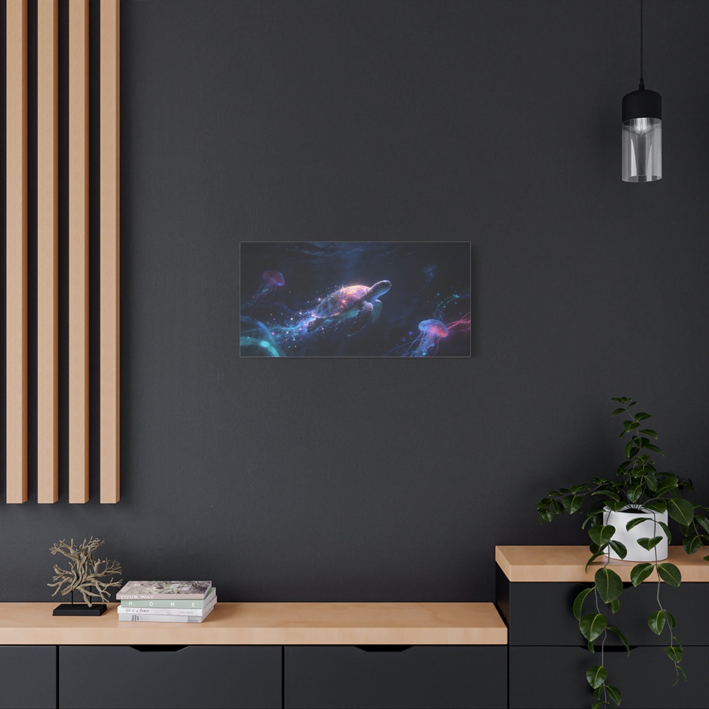 Sea Turtle Canvas Wall Art - Glowing Underwater Jellyfish Ocean Scene, Fantasy Marine Canvas Print - Contemporary Blue Seascape - Living Room Wall Decor, Bedroom Home Accent - Bedroom Home Decoration