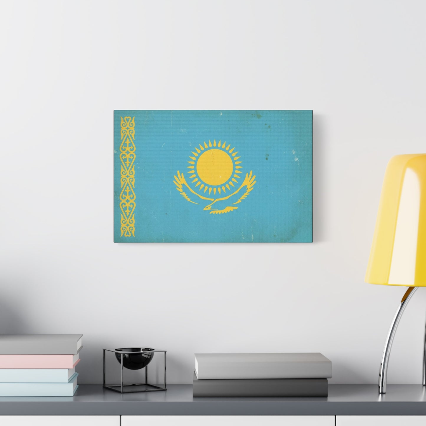 Kazakhstan Flag Canvas Wall Art - Blue And Gold Sun Eagle Emblem, Vintage Nation Print - Matte Cotton Artwork, Patriotic Living Room Wall Decor, Office Art Accent Style - Bedroom Home Decoration