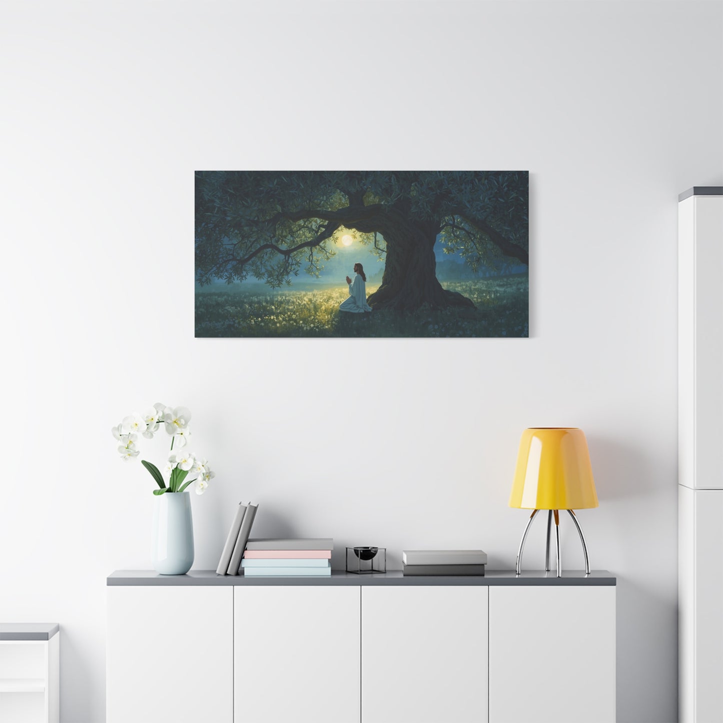Jesus Praying In Gethsemane Canvas Wall Art - Moonlit Olive Tree Scene, Christian Wall Decor - Matte Cotton Print - Traditional Religious Style For Living Room Bedroom Office - Bedroom Home Decoration