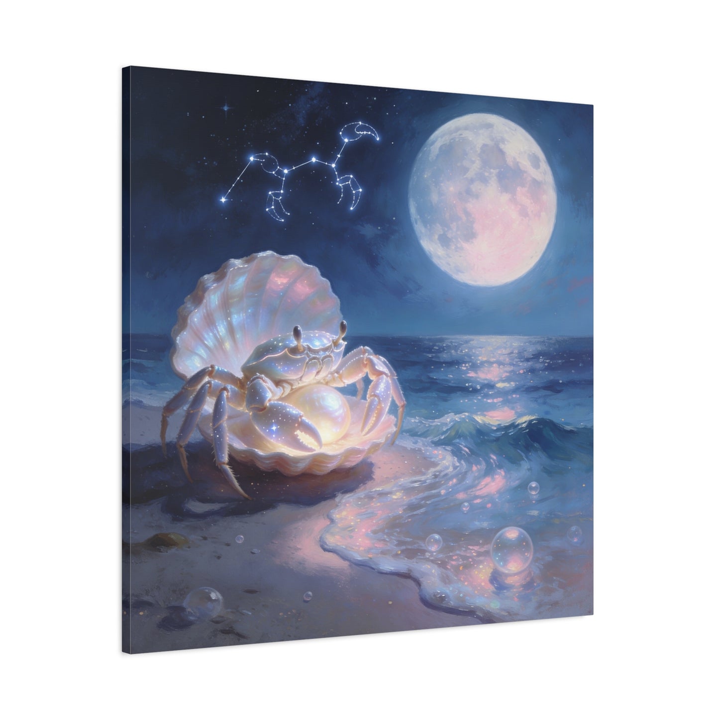 Moonlit Crab Canvas Wall Art - Zodiac Cancer Seascape, Pearl Shell Ocean Night Decor - Dreamy Coastal Illustration, capiz shells wall decor, Bedroom Home Decoration - Bedroom Home Decoration