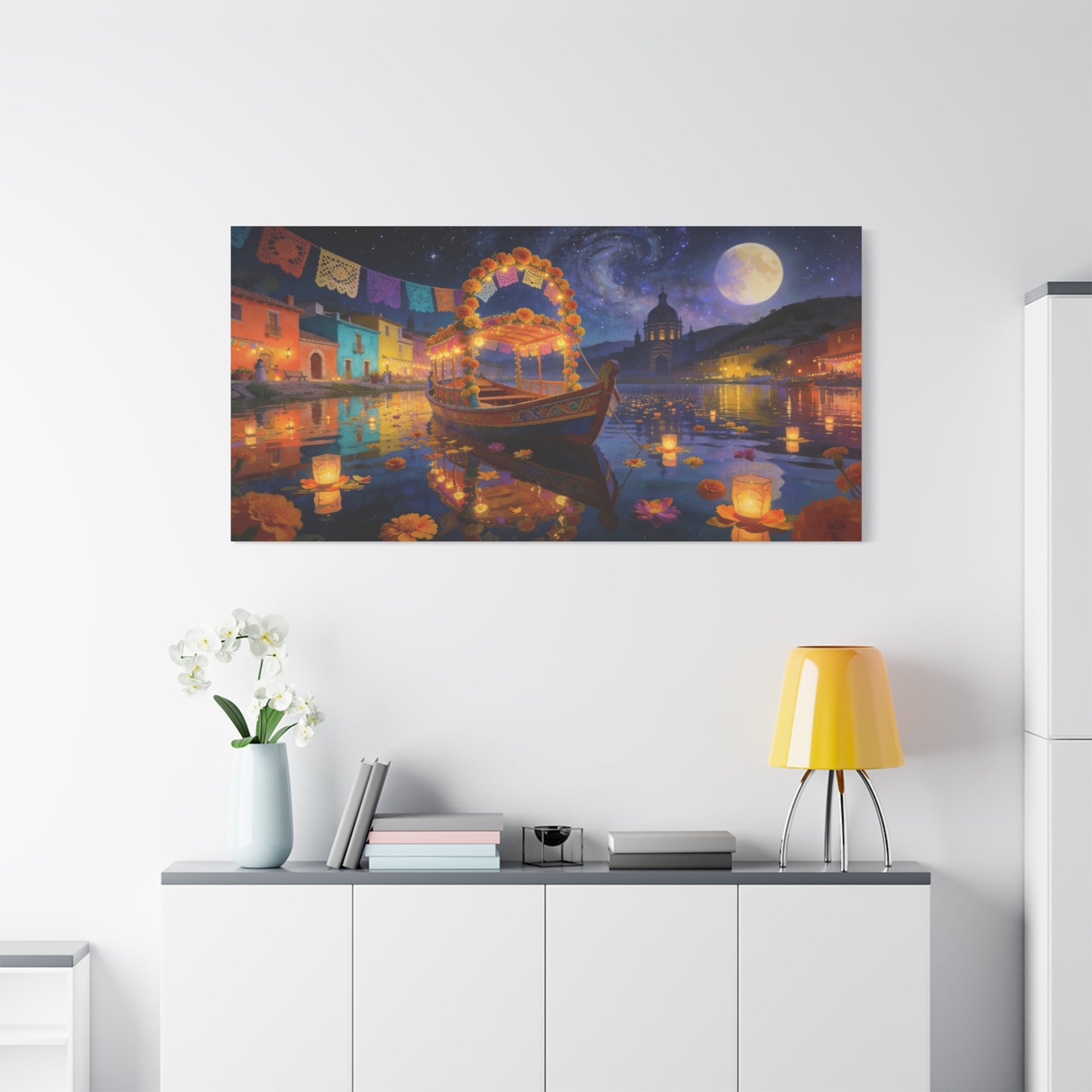 Moonlit Marigold Boat Canvas Wall Art - Colorful Festival Lake Scene, Full Moon Night Sky - Matte Cotton Art Print - Bohemian Living Room Wall Decor, Bedroom Home Decoration - Bedroom Home Decoration