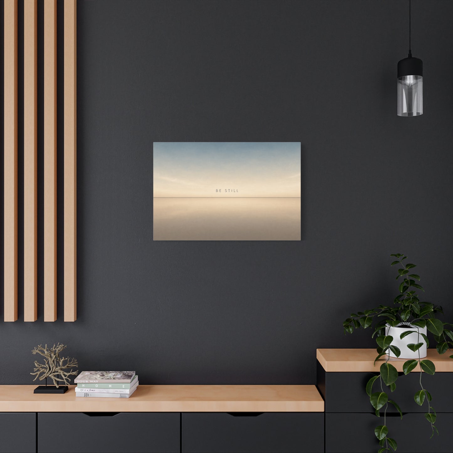 "Be Still" Minimalist Canvas Wall Art - Serene Horizon Typography Print, Neutral Blue Beige Coastal Style - Bedroom Wall Decor, Meditation Space Home Decoration - Ready to Hang - Cozy Reading Nook Art
