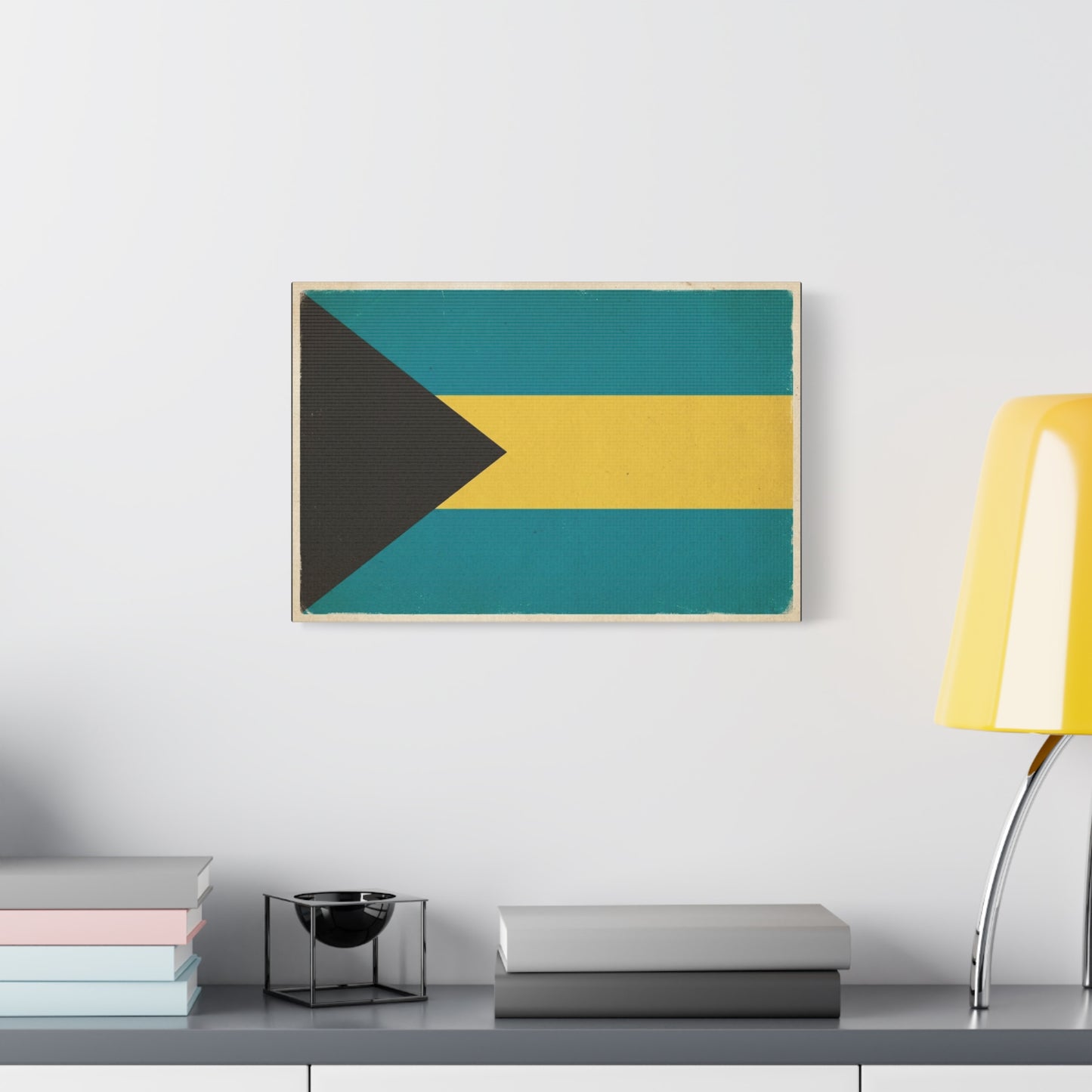 Bahamas Flag Canvas Wall Art - Vintage Caribbean National Flag Print, Blue Yellow Black Geometric Design - Coastal Decor - Living Room Home Decoration - Living Room Wall Decor - Modern Farmhouse Style