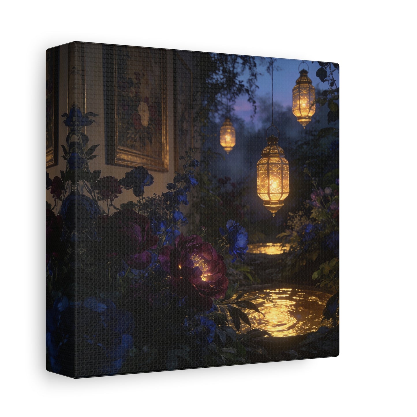Lantern Garden Canvas Wall Art - Twilight Floral Courtyard, Glowing Water Reflections - Moody Botanical Night Scene, Matte Canvas Print - Bedroom Wall Decor, Living Room Accent - Cozy Reading Nook Art