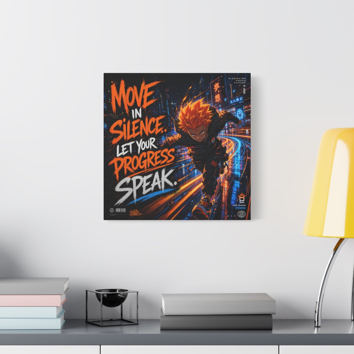 "Move In Silence Let Your Progress Speak" Anime Canvas Wall Art - Cyberpunk Runner Motivational Quote Print, Neon City Street Illustration - Teen Bedroom Decor, Home Office Accent - Office Wall Art