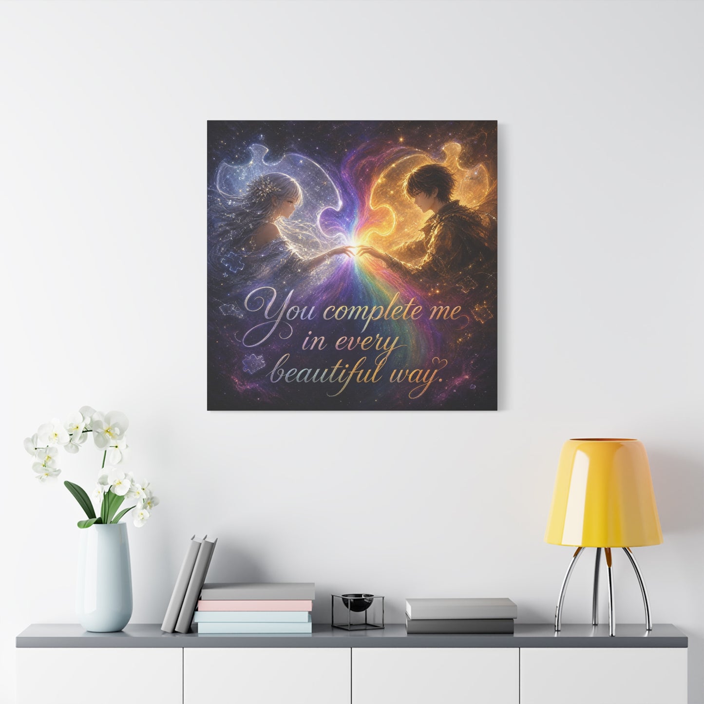 "You Complete Me In Every Beautiful Way" Romantic Couple Canvas Wall Art - Celestial Puzzle Soulmate Quote Print, Fantasy Love Decor - Bedroom Wall Hanging - Ready to Hang - Bedroom Home Decoration