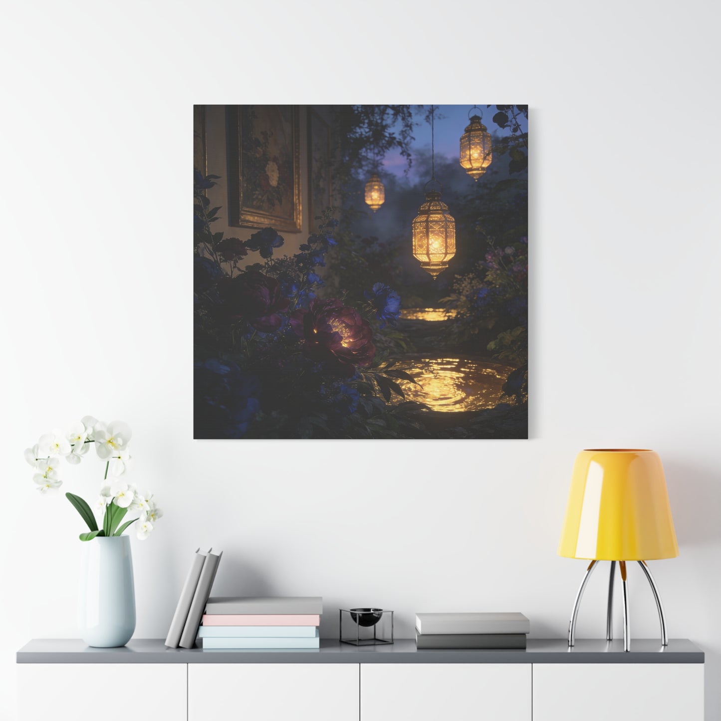 Lantern Garden Canvas Wall Art - Twilight Floral Courtyard, Glowing Water Reflections - Moody Botanical Night Scene, Matte Canvas Print - Bedroom Wall Decor, Living Room Accent - Cozy Reading Nook Art