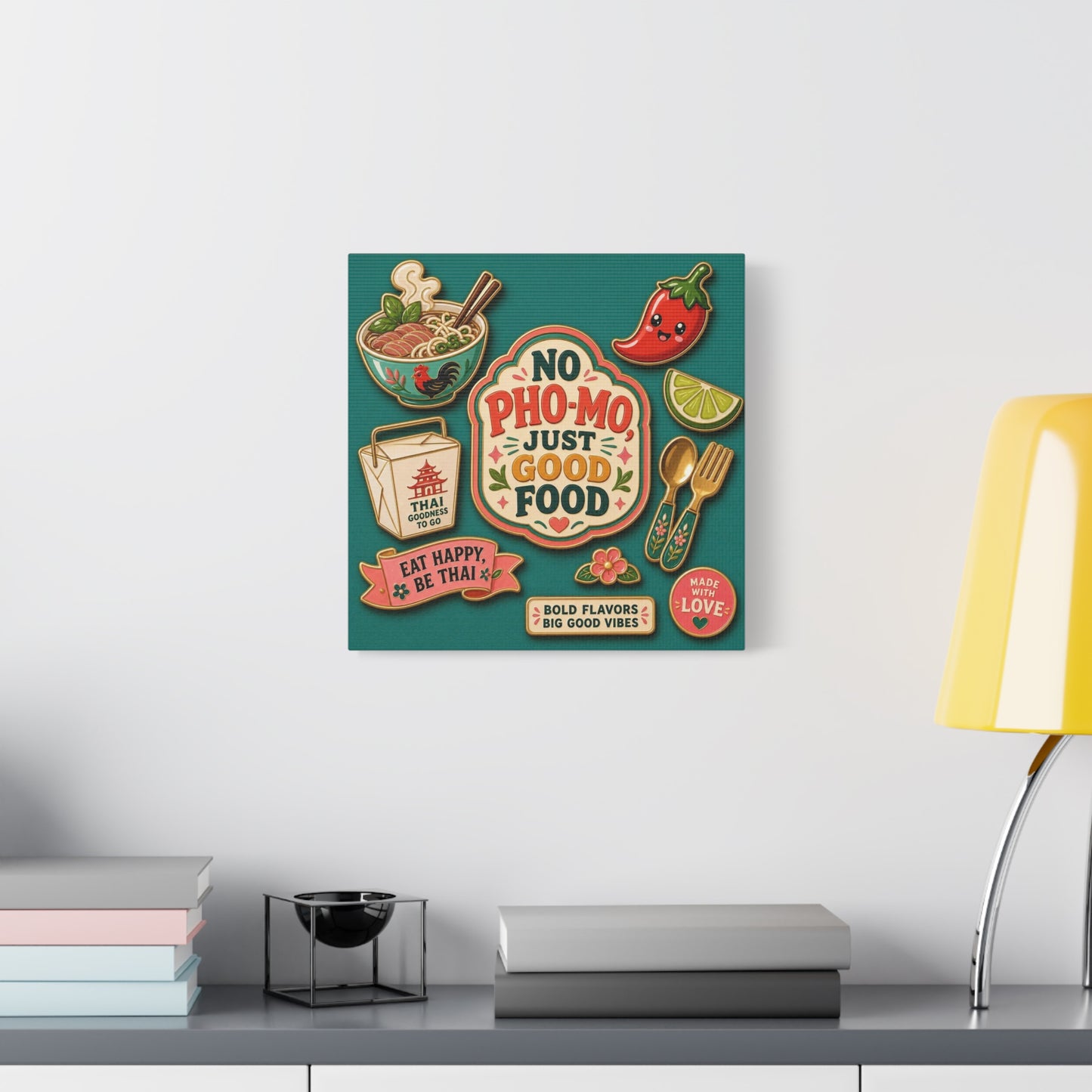 "No Pho-Mo Just Good Food" Canvas Wall Art - Thai Food Quote Kitchen Decor - Colorful Illustration Print, Retro Typography Style - Dining Room Accent, Cafe Wall Decor - Bedroom Home Decoration