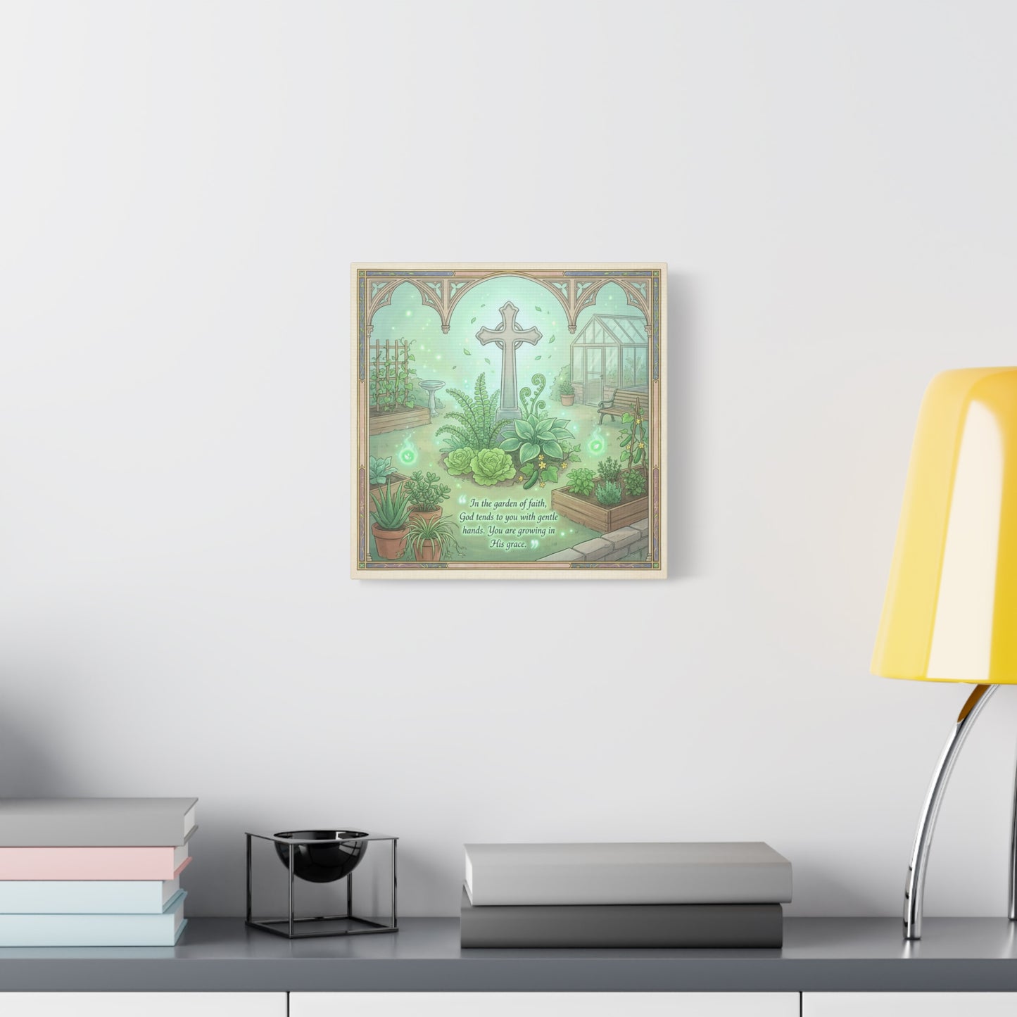"In The Garden Of Faith" Christian Canvas Wall Art - Cross Garden Quote Print - Botanical Scripture Decor, Matte Cotton Canvas - Traditional Religious Wall Decor For Bedroom Office - Ready to Hang