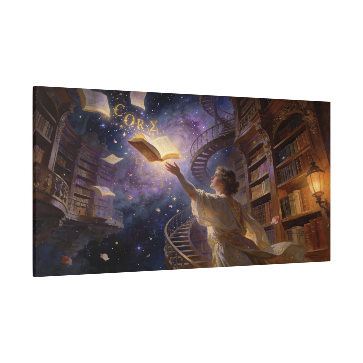 "CORZ" Fantasy Library Canvas Wall Art - Woman Reaching For Floating Book, Celestial Bookshelves, Spiral Staircase - Matte Cotton Print - Surreal Reading Room Decor, Office Art - Workspace Wall Decor