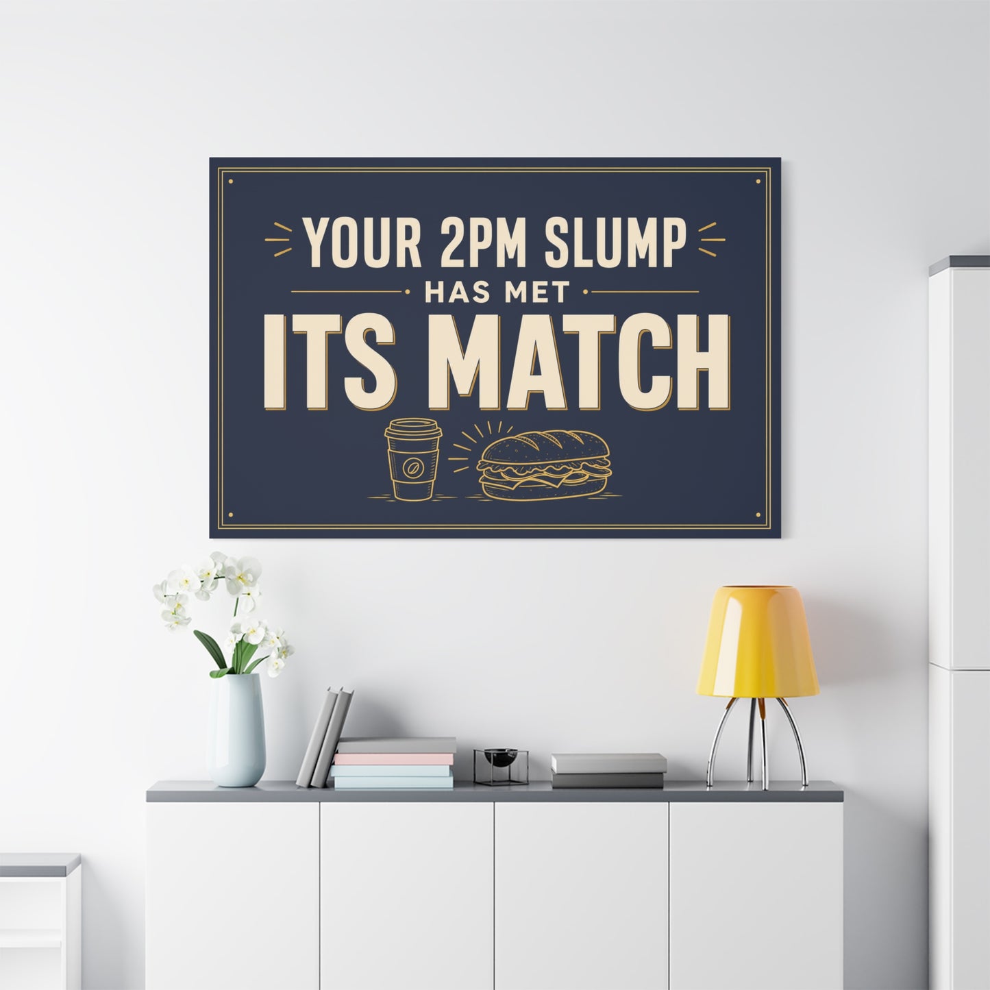 "Your 2PM Slump Has Met Its Match" Funny Canvas Wall Art - Coffee And Sandwich Typography Print - Navy Gold Retro Office Decor - Break Room Wall Hanging - Ready to Hang - Coffee Shop Decor