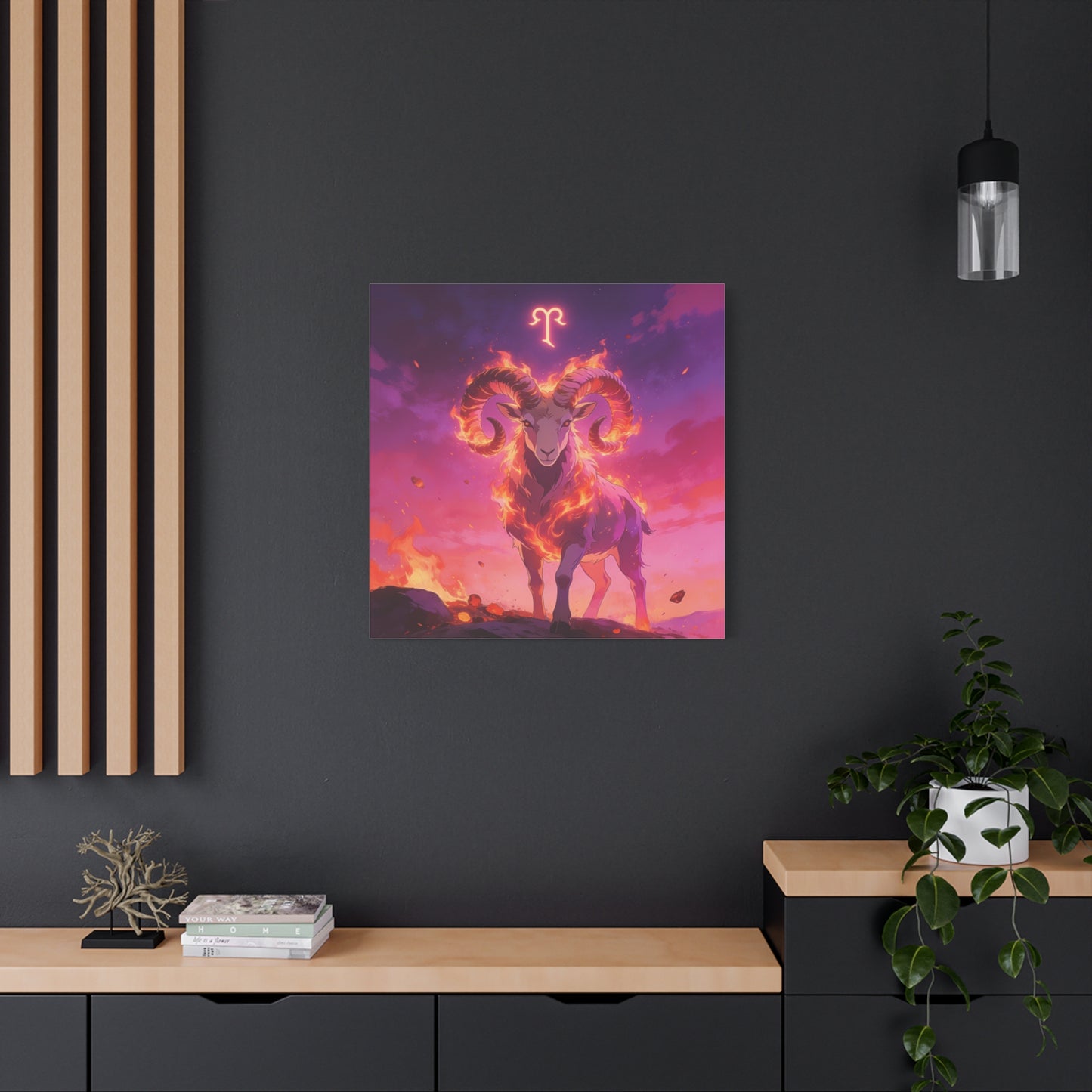 Aries Ram Canvas Wall Art - Fiery Zodiac Illustration, Purple Pink Flame Sky, Matte Canvas Print, Modern Fantasy Style, Bedroom Wall Decor, Home Office Accent, Statement Piece For Astrology Lovers