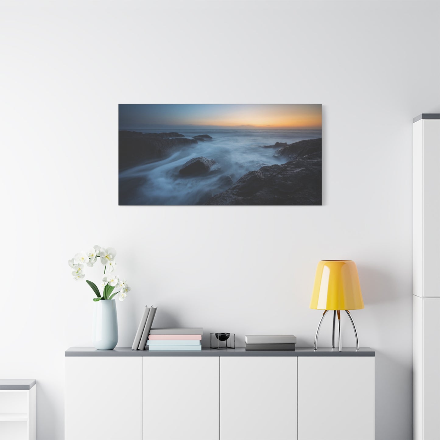 Rocky Ocean Seascape Canvas Wall Art - Long Exposure Coastal Sunset Art Print, Blue Water And Dark Stone Shoreline - Contemporary Matte Canvas Print - Living Room Bedroom Office Decor