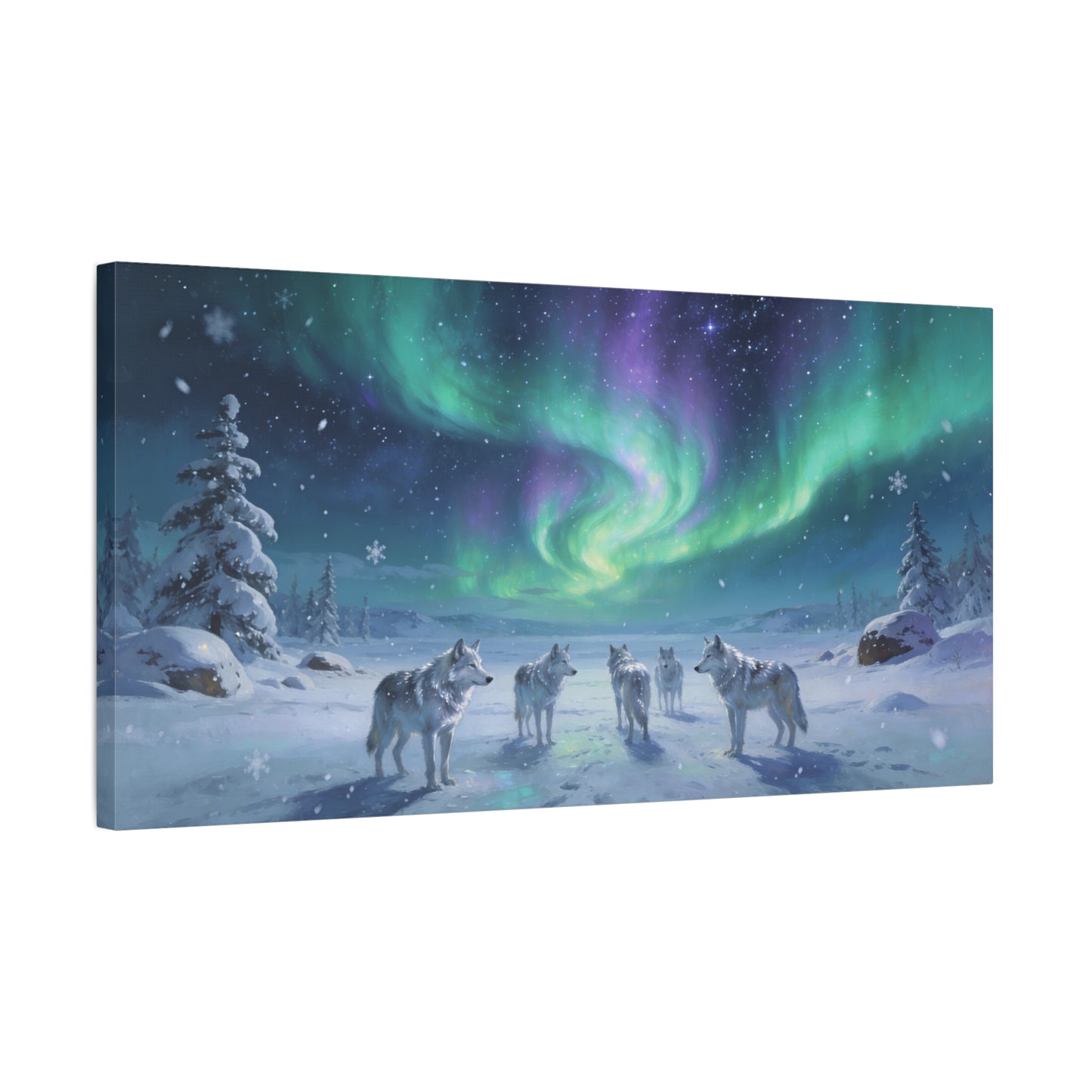 Arctic Wolf Pack Canvas Wall Art - Aurora Borealis Snowy Winter Landscape, Northern Lights Canvas Print, Blue Green Purple Sky, Living Room Wall Decor, Bedroom Home Decoration - Modern Farmhouse Style
