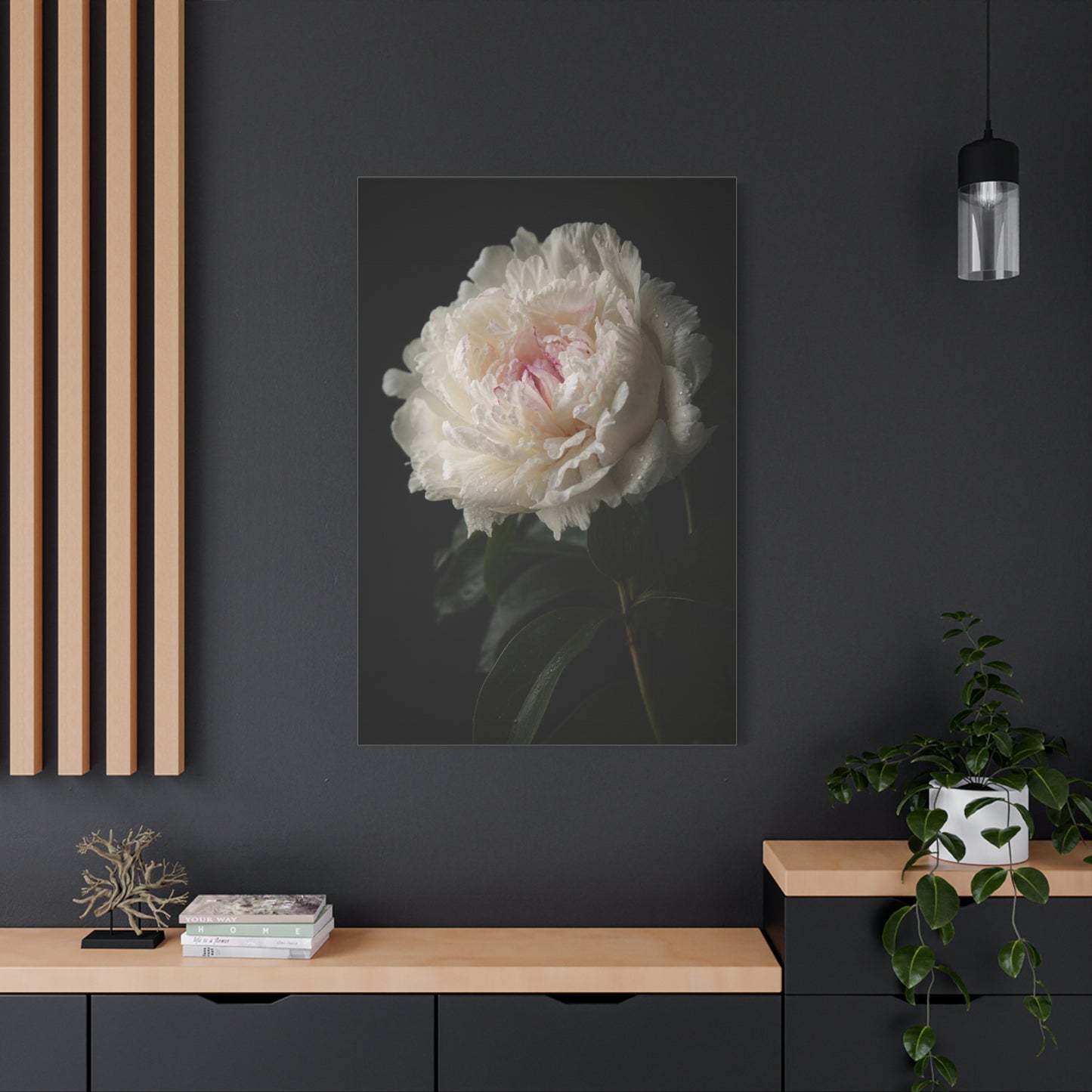 White Peony Canvas Wall Art - Floral Art Print, Soft Blush Petals On Black - Moody Botanical Decor, Matte Canvas Print - Bedroom Wall Decor, Living Room Accent, Bathroom Styling