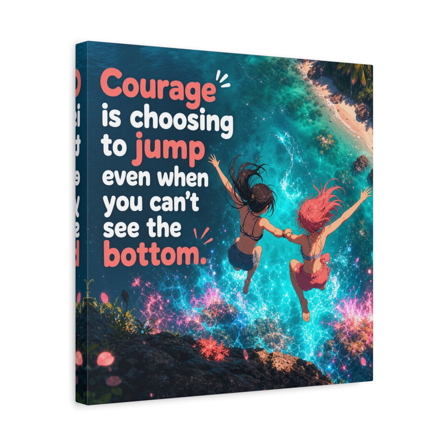 "Courage Is Choosing To Jump Even When You Can't See The Bottom" Canvas Wall Art - Coastal Quote Illustration, Inspirational Ocean Cliff Scene, Bedroom Wall Decor, Teen Space Accent - Ready to Hang