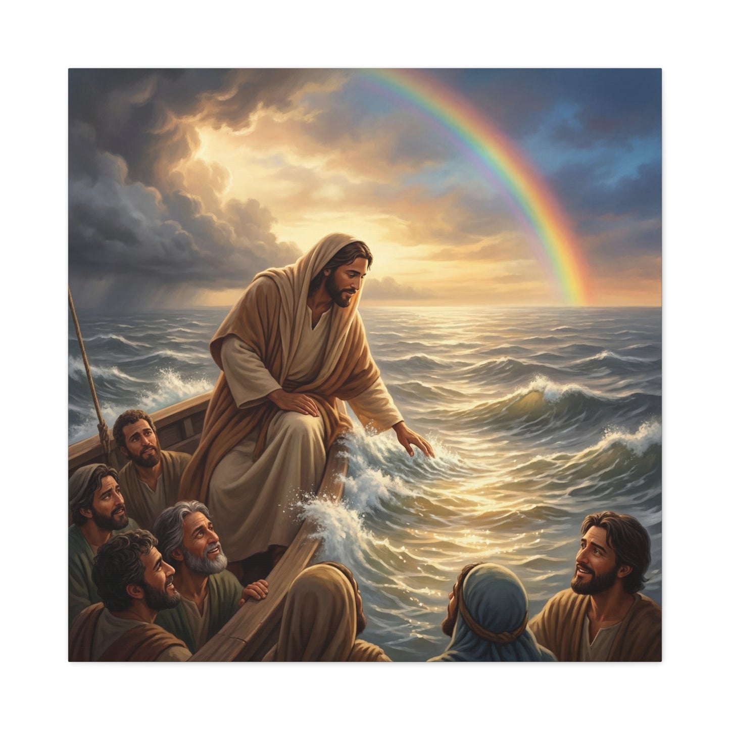 Jesus Christ Walking On Water Canvas Wall Art - Rainbow Over Stormy Sea, Disciples In Boat - Matte Cotton Print - Traditional Religious Style - Living Room Wall Decor - Bedroom Home Decoration