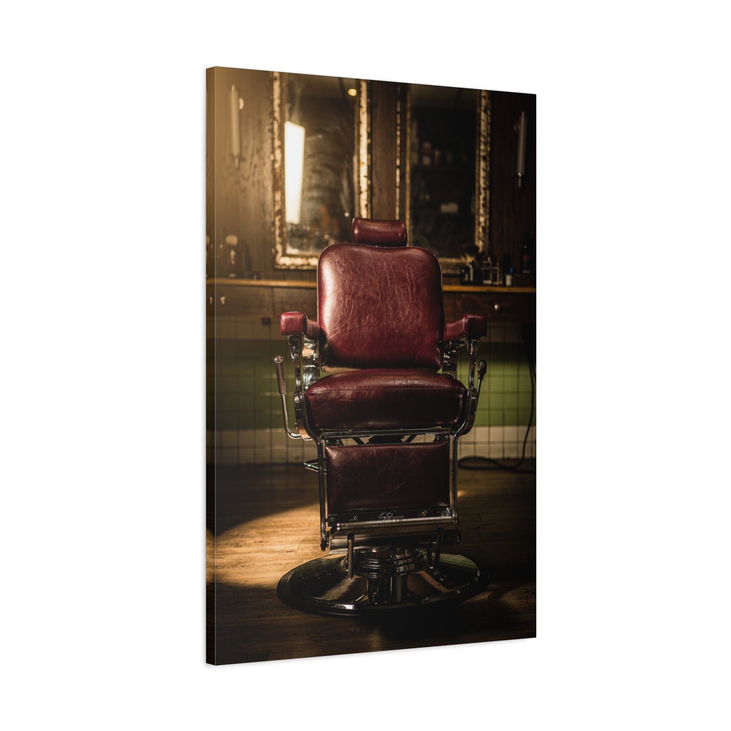 Vintage Barber Chair Canvas Print - Moody Barbershop Interior Art Print, Burgundy Leather Seat, Warm Cinematic Lighting - Rustic Contemporary Decor - Salon Wall Accent, Home Office Display