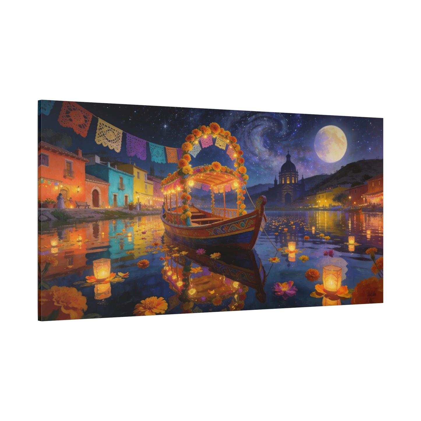 Moonlit Marigold Boat Canvas Wall Art - Colorful Festival Lake Scene, Full Moon Night Sky - Matte Cotton Art Print - Bohemian Living Room Wall Decor, Bedroom Home Decoration - Bedroom Home Decoration